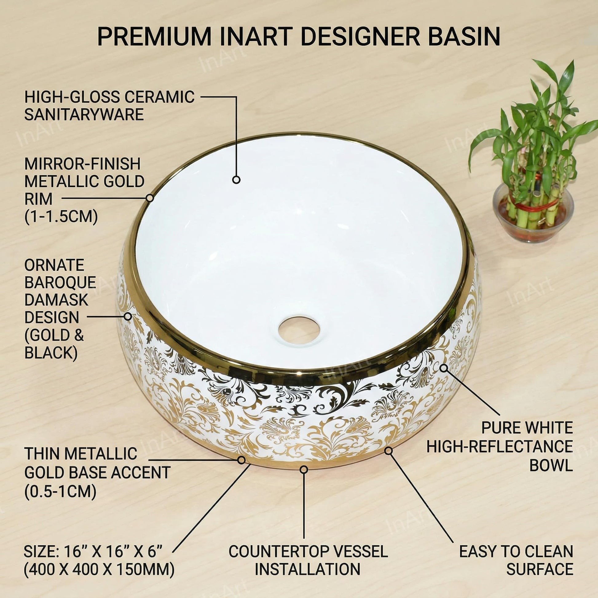 White and Gold Round Ceramic vessel bathroom sink, additional product view 2