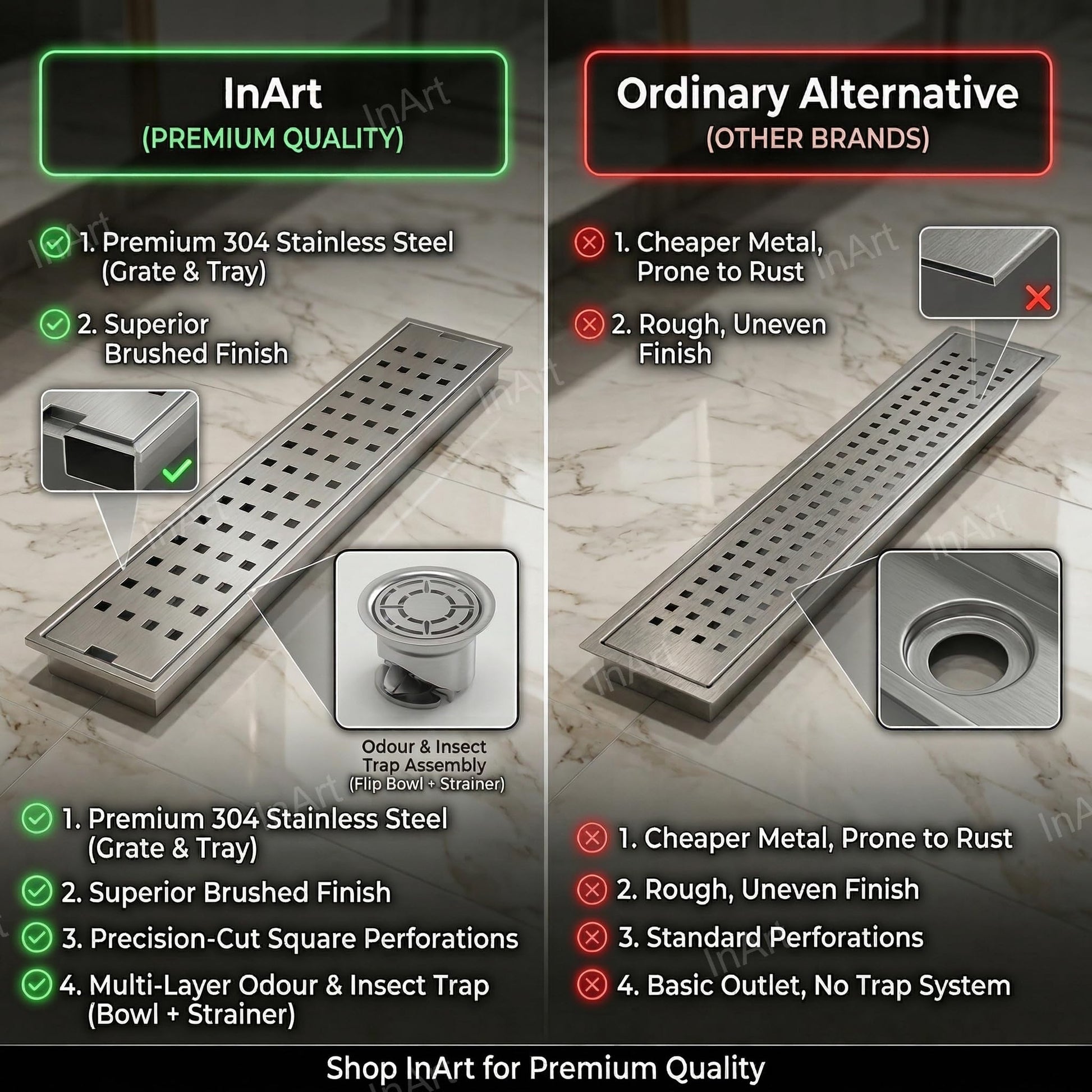 InArt Brushed 304 Stainless Steel Linear Shower Drain Stainless Steel – 12" x 4", Side Outlet, additional product view 7