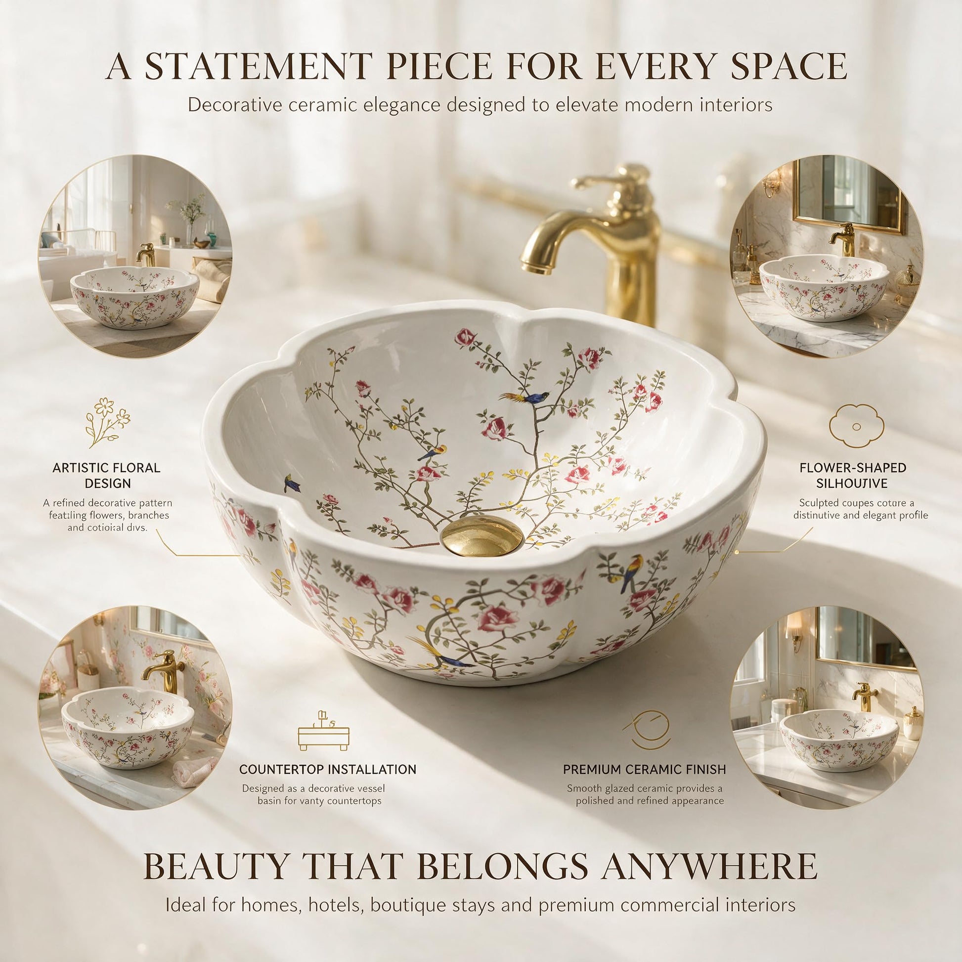 White and Multicolor Flower-Shaped Round Ceramic vessel bathroom sink, additional product view 7