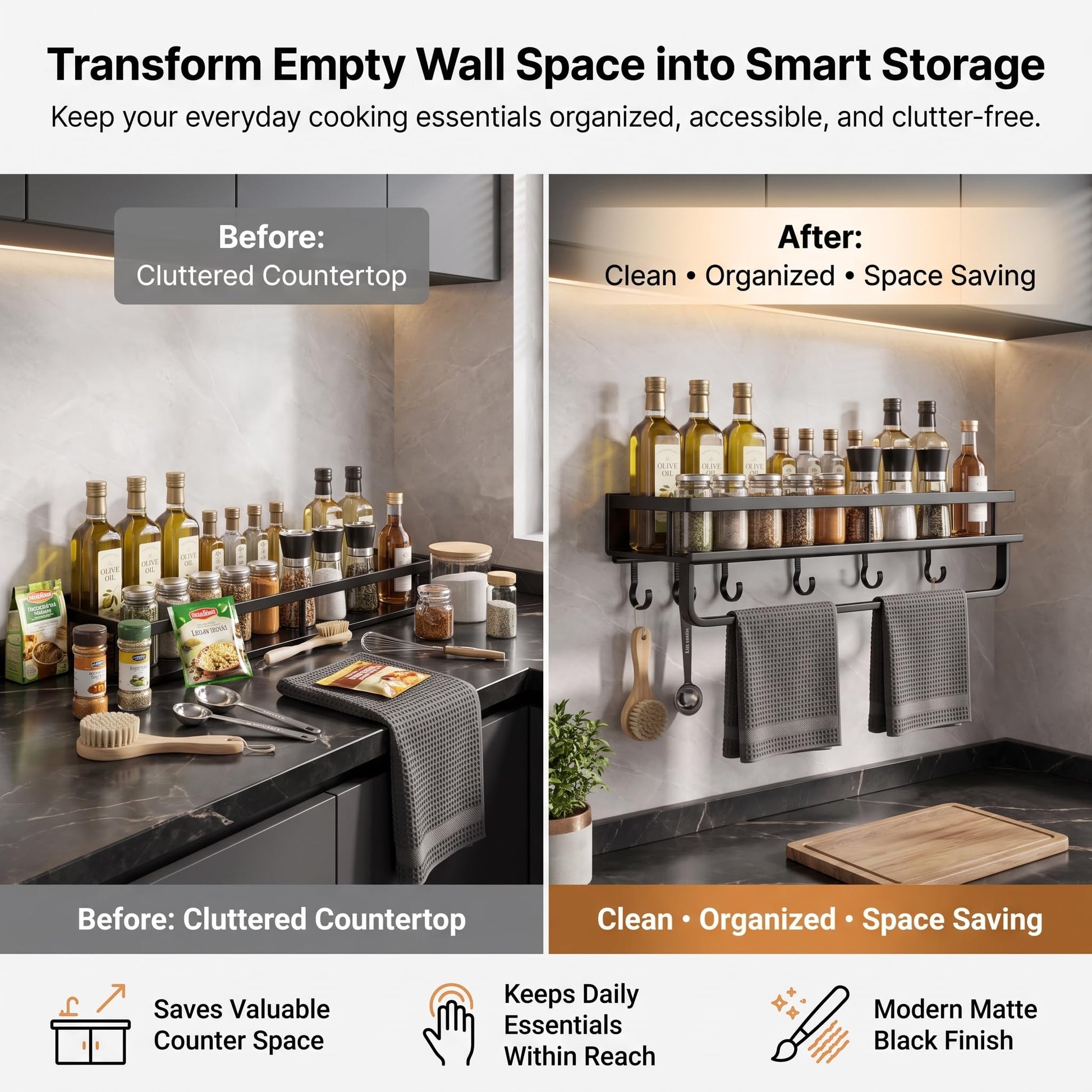 Matte black kitchen organizer shelf for countertop space saving