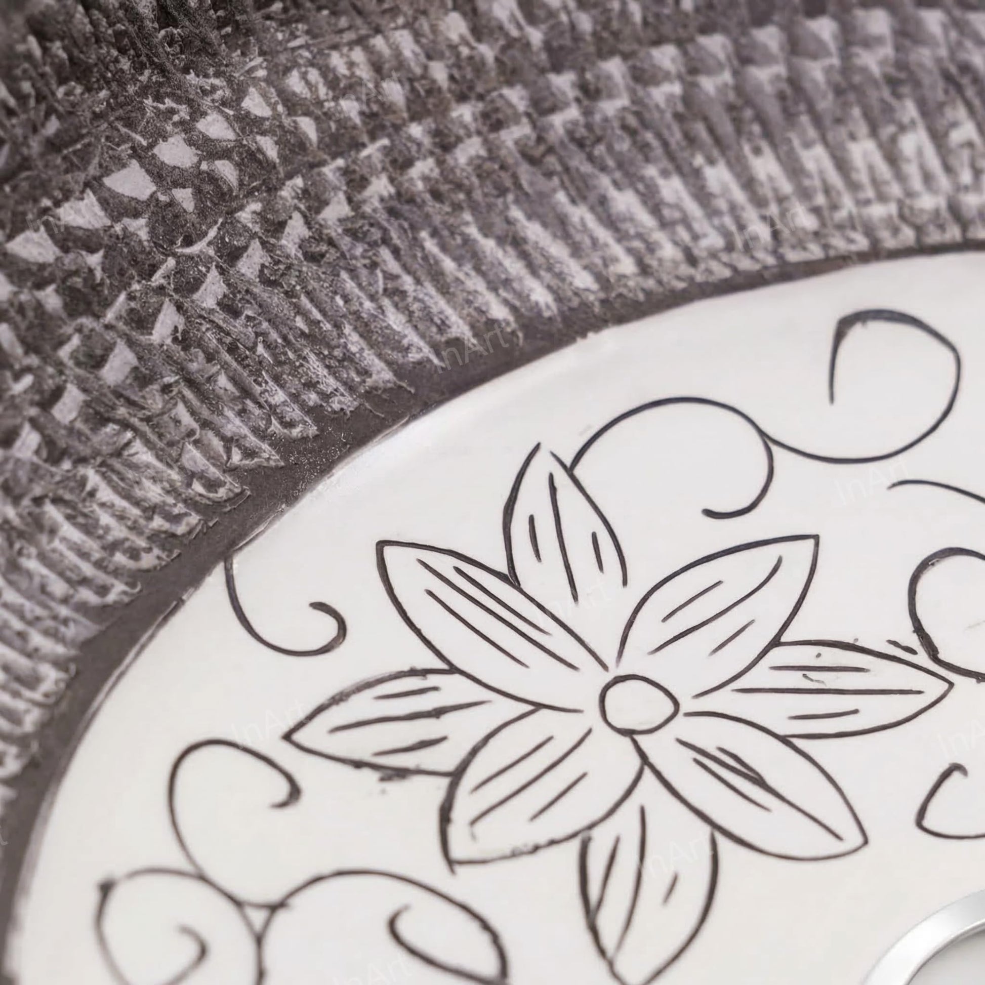 InArt Ash Gray/White Ceramic Round Vessel Sink – Satin Finish Patterned Exterior, 16", additional product view 6