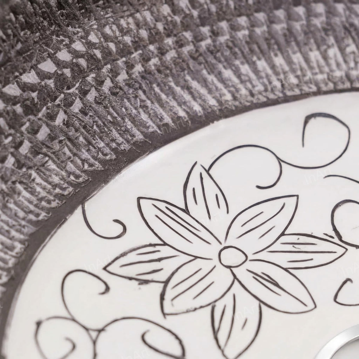 InArt Ash Gray/White Ceramic Round Vessel Sink – Satin Finish Patterned Exterior, 16", additional product view 5