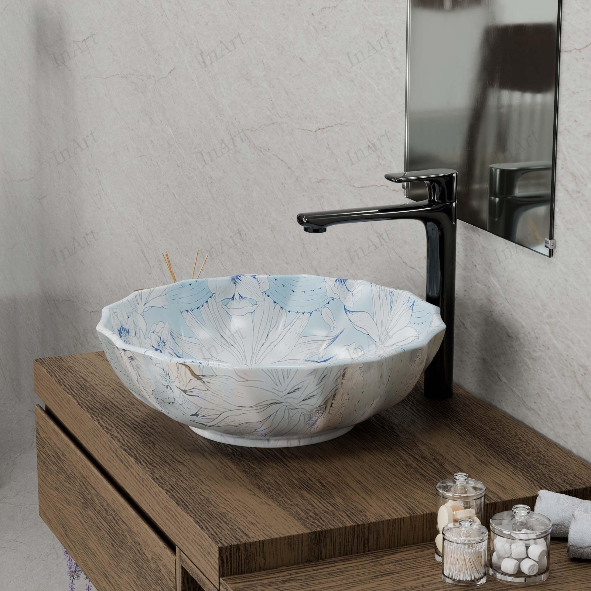 Close-up of glossy light blue finish on InArt round ceramic vessel sink, smooth rim detail