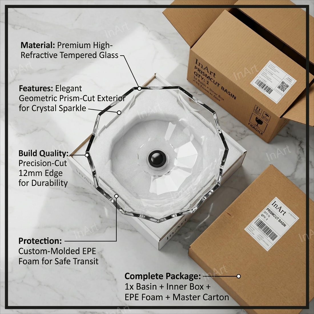 InArt Transparent Prism Crystal Glass Vessel Sink for Countertop Bathrooms, 18.1 Inch