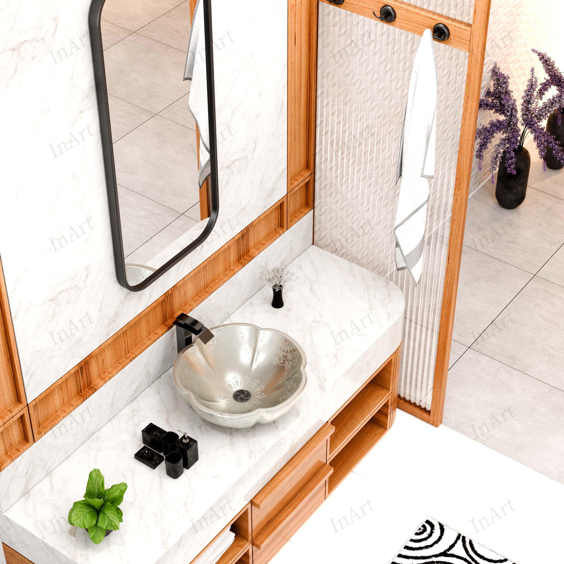 Side profile of above-counter round ceramic vessel sink, 5.5-inch height, glossy silver finish