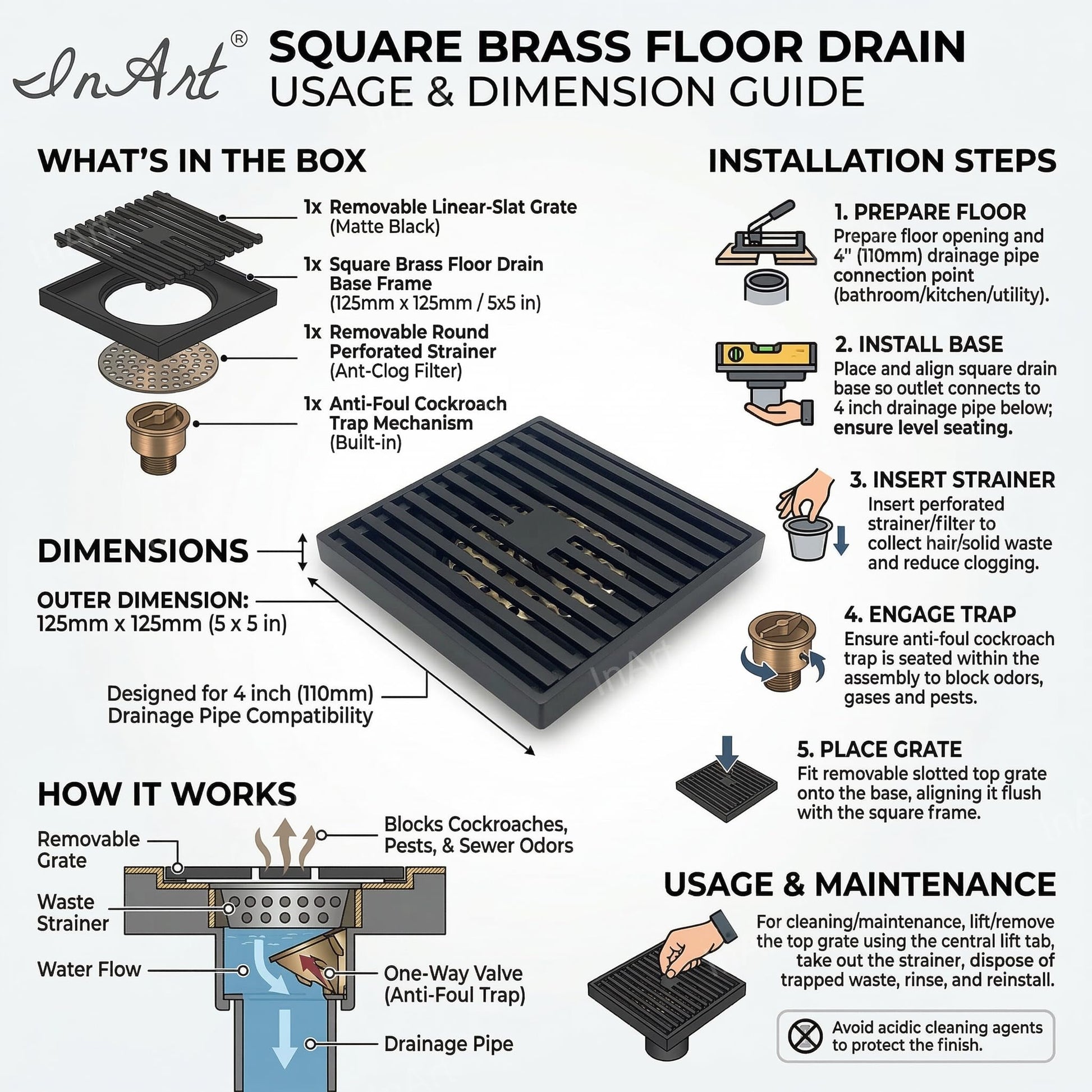 InArt Matte Black Linear Brass Shower Drain Channel with Side Outlet, 12 x 4 Inch, additional product view 6