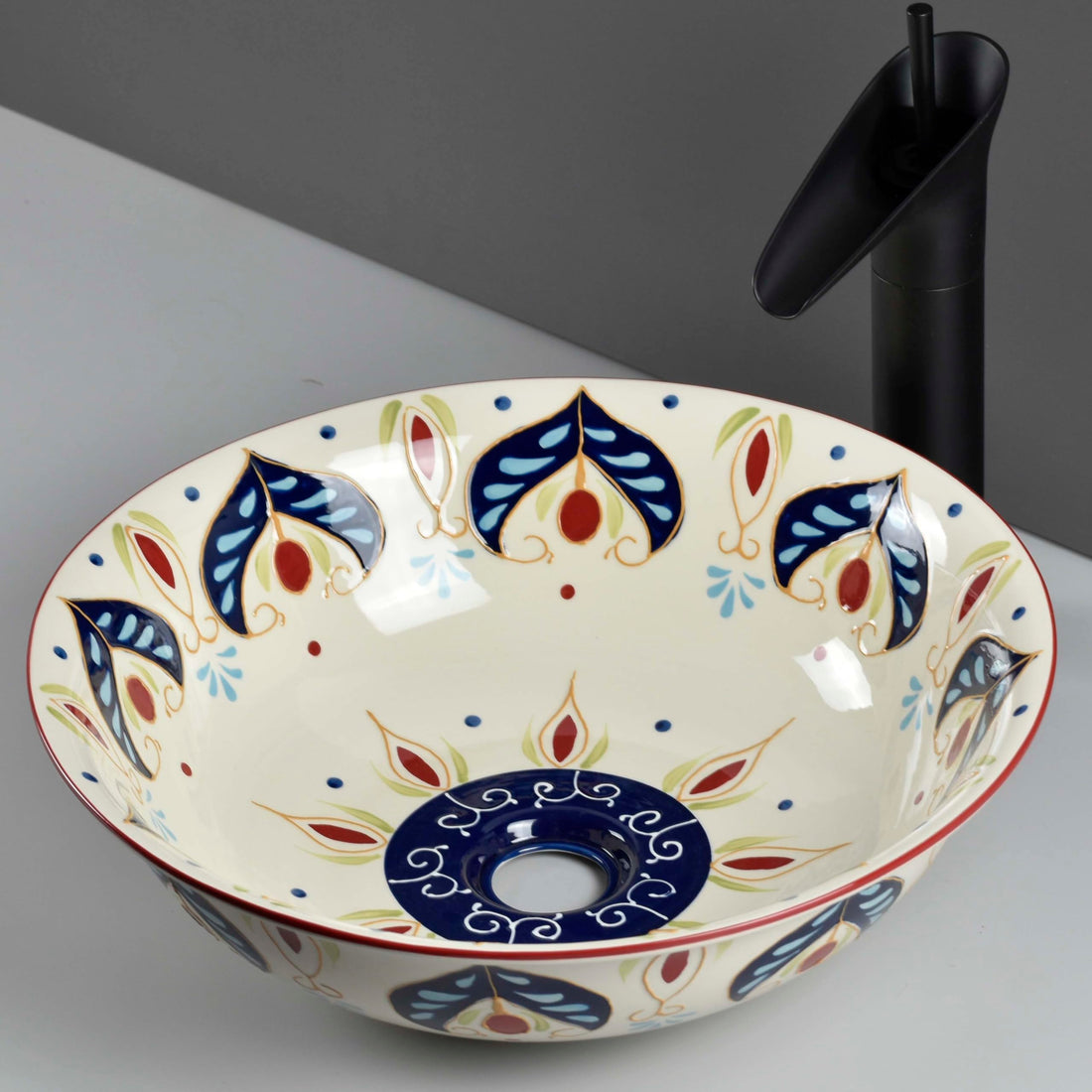 Round bath sink InArt ceramic tabletop vessel sink, beige blue artistic pattern, 42cm round wash basin