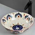 Round bath sink InArt ceramic tabletop vessel sink, beige blue artistic pattern, 42cm round wash basin