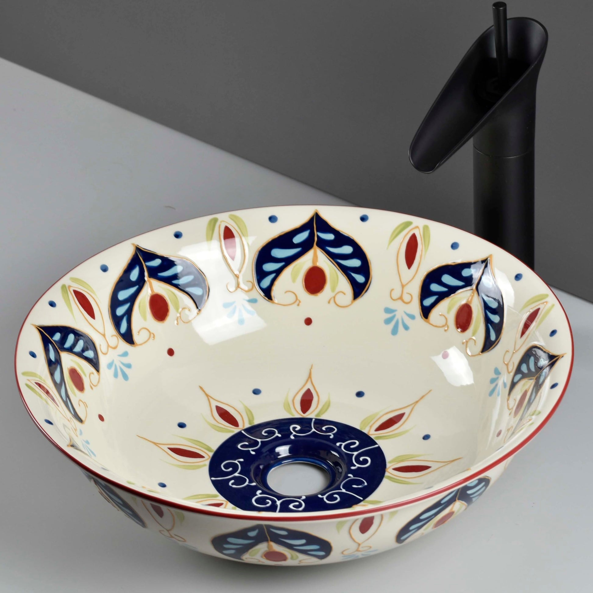 Round bath sink InArt ceramic tabletop vessel sink, beige blue artistic pattern, 42cm round wash basin