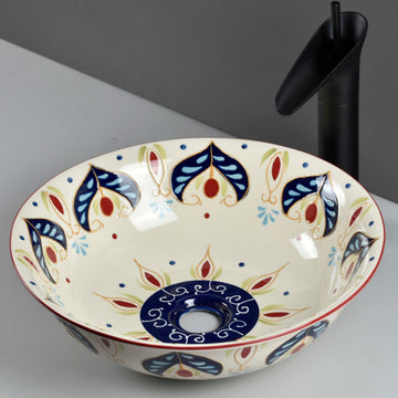 Round bath sink InArt ceramic tabletop vessel sink, beige blue artistic pattern, 42cm round wash basin