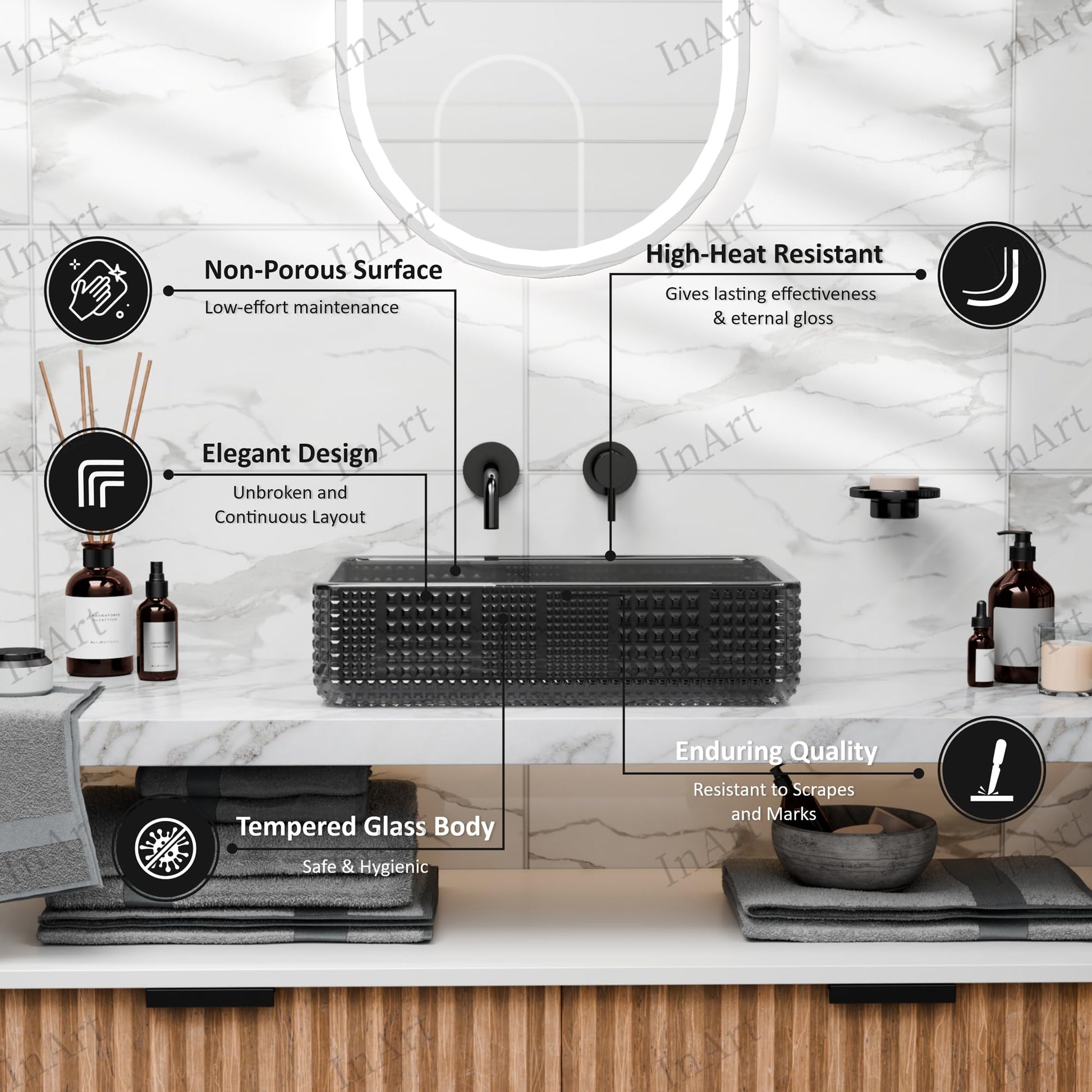 InArt Smoked Black Tempered Glass Rectangular Vessel Sink – Textured Design, 18.11"x12.99", additional product view 5