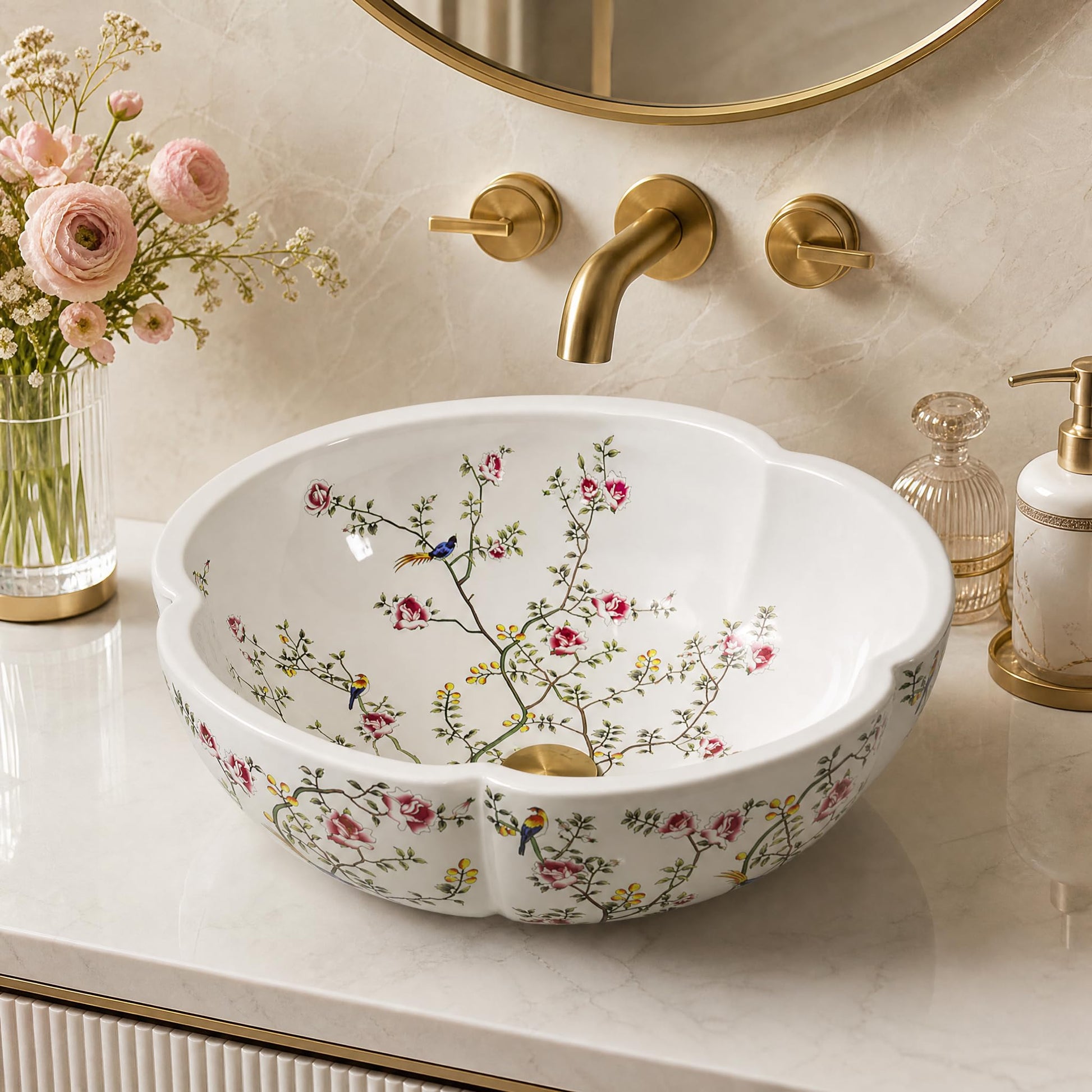 White and Multicolor Flower-Shaped Round Ceramic vessel bathroom sink