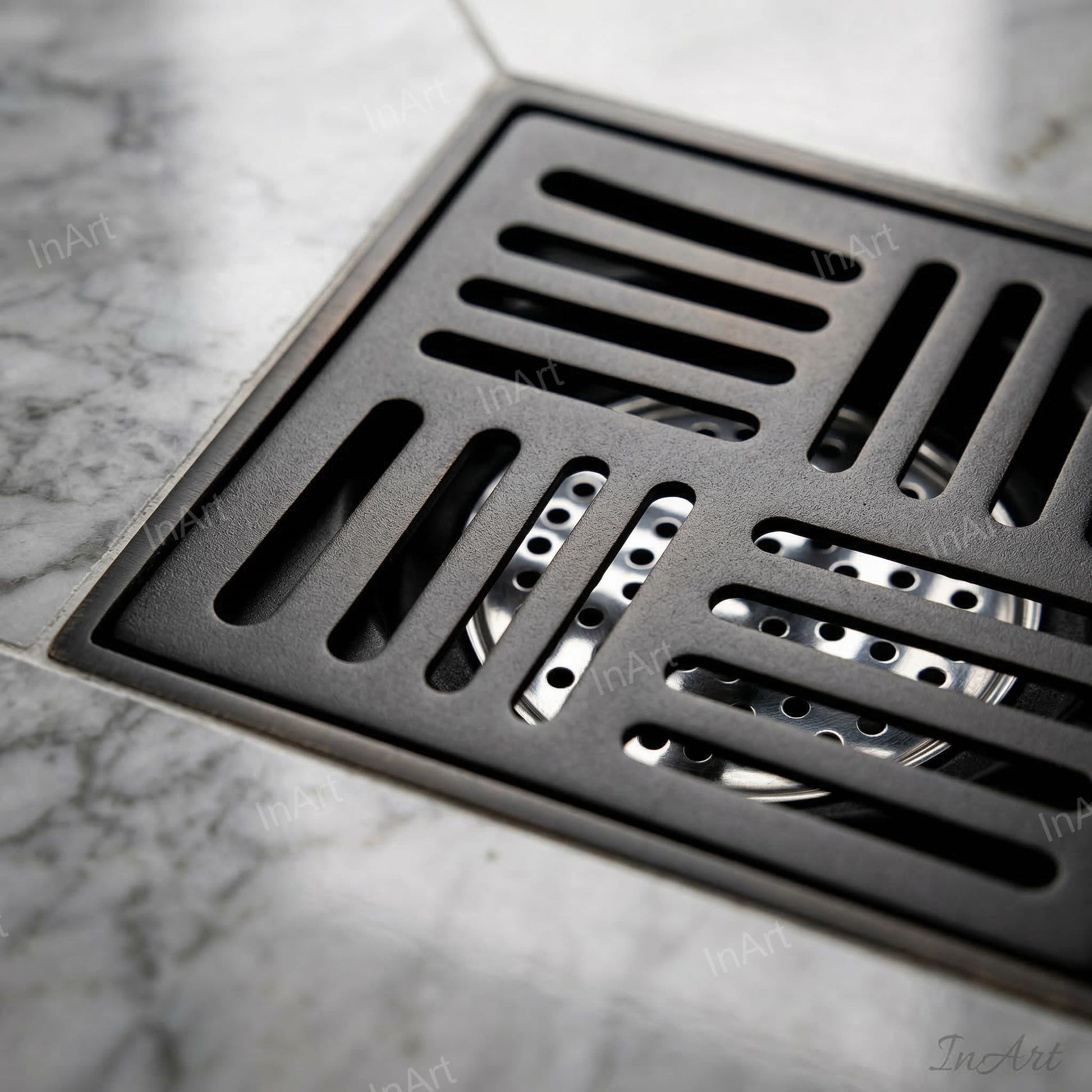 InArt Matte Black 12 x 4 Inch Brass Floor Drain with Removable Strainer, additional product view 5