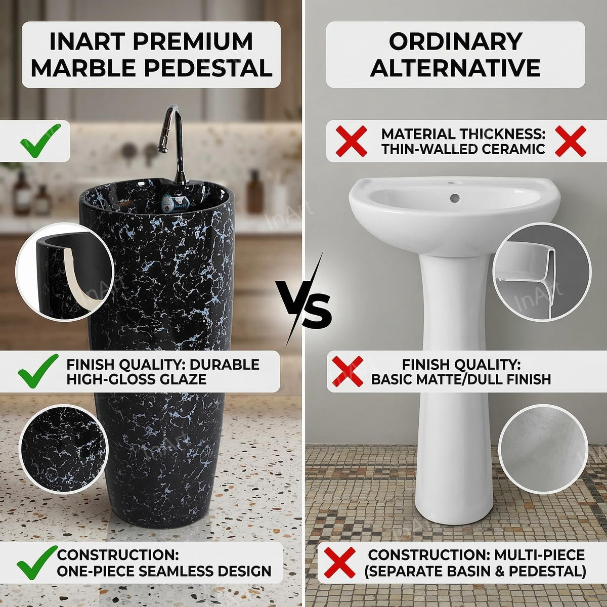 InArt Basin Pedestal Sink - Standing Bathroom Sink Black Marble 38x38 CM, additional product view 7