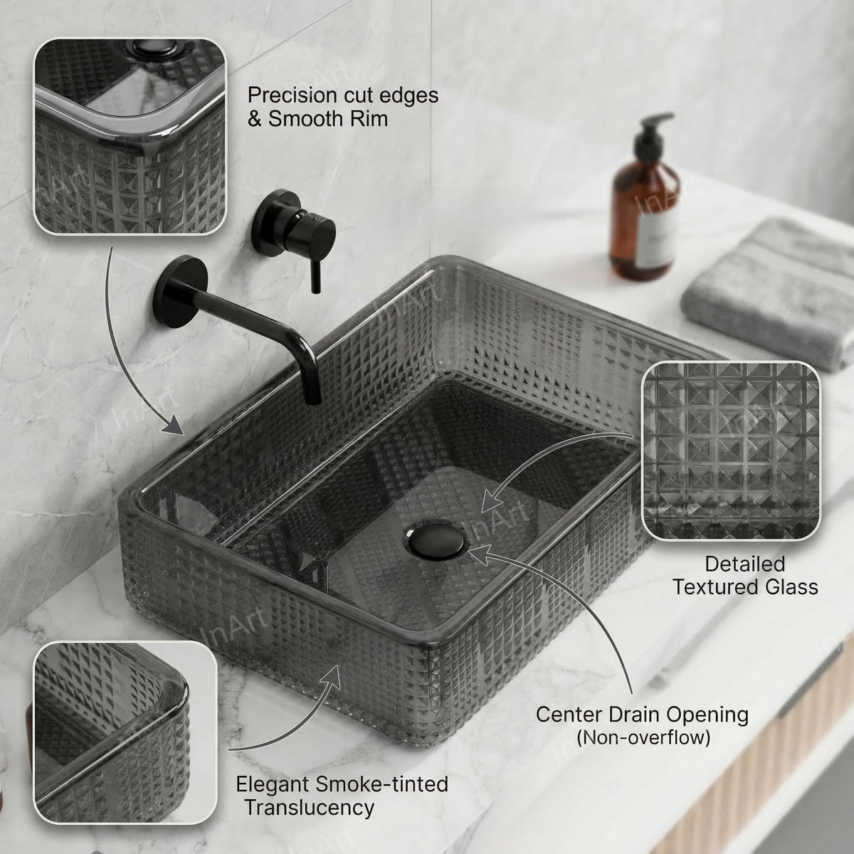 InArt Smoked Black Tempered Glass Rectangular Vessel Sink – Textured Design, 18.11"x12.99", additional product view 3