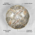 Vanity for vessel sink top view of round ceramic bowl sink, green marble pattern glossy finish