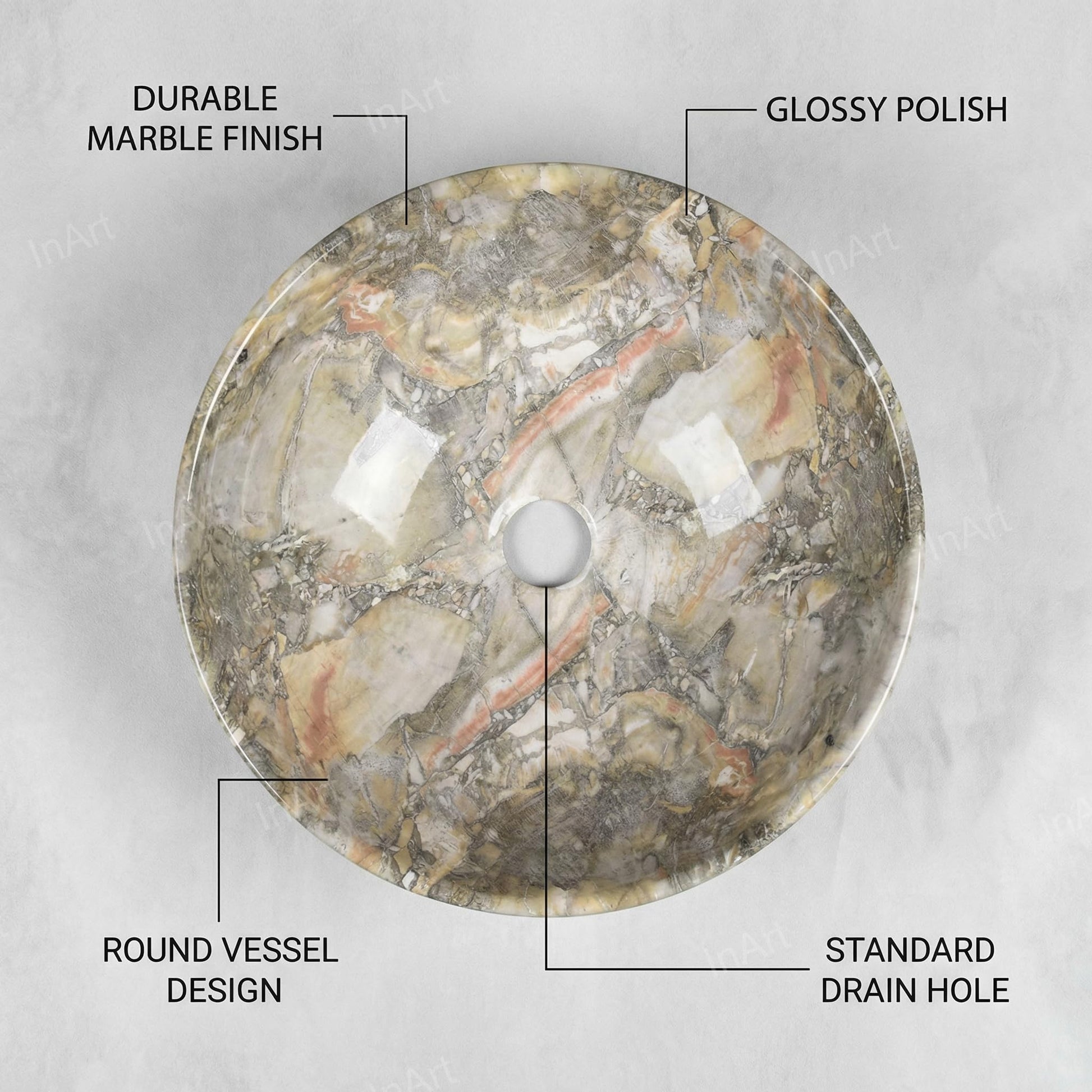 Vanity for vessel sink top view of round ceramic bowl sink, green marble pattern glossy finish