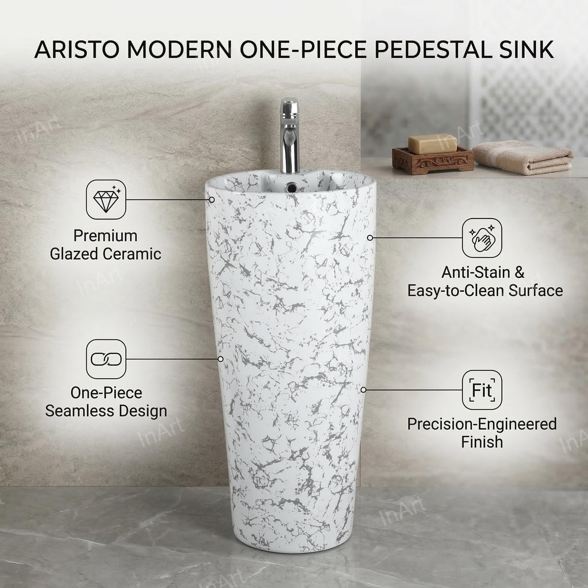 InArt Basin Pedestal Sink - Standing Bathroom Sink White Marble 38x38 CM, additional product view 2