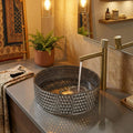 Restroom bowl sink above counter, square tempered glass basin sink for vanity countertop, modern black silver