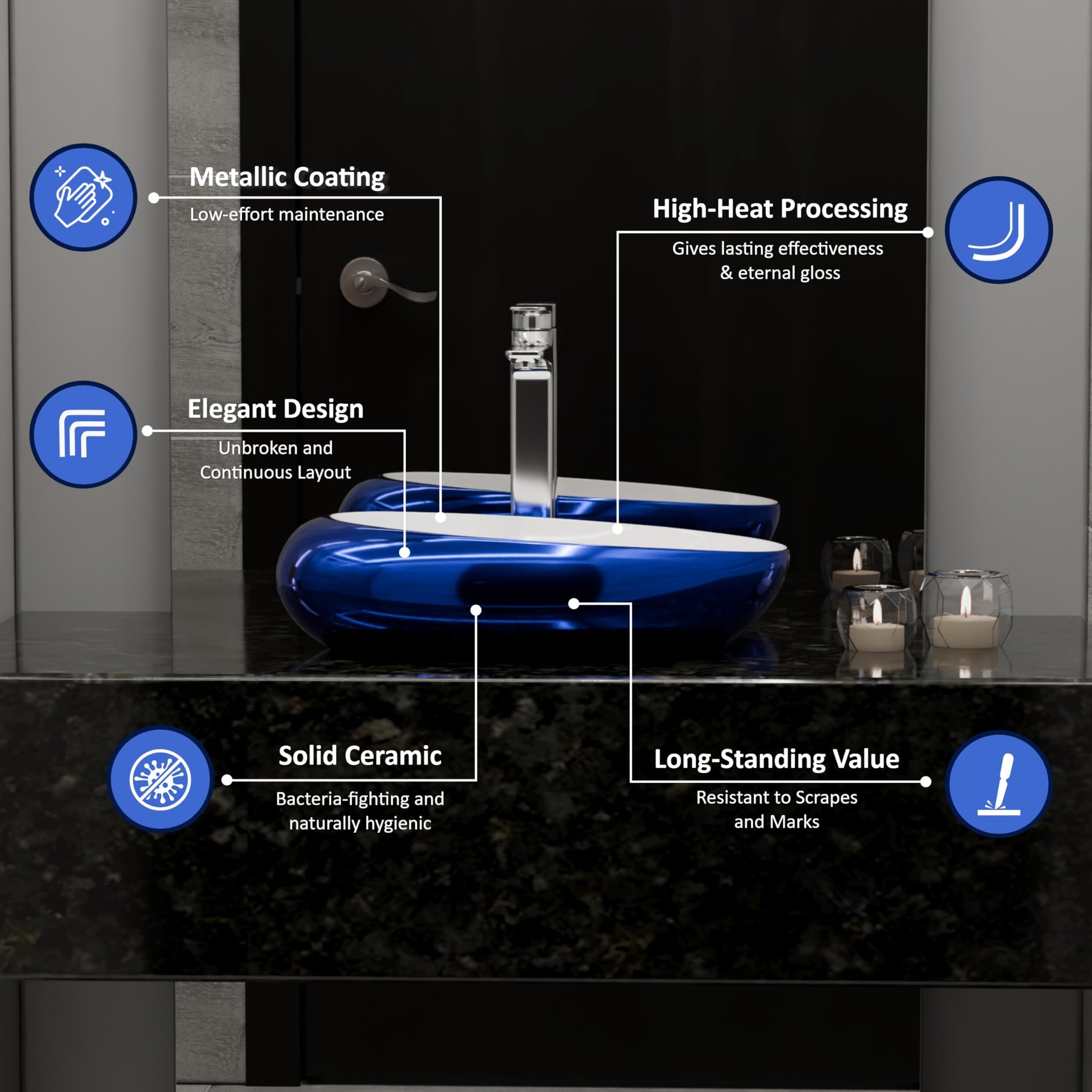 Bath vessel sink side profile showing oval ceramic bowl, glossy blue finish for vessel sink in bathroom