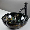 InArt vessel sink on vanity side view, ceramic oval bowl sink for the bathroom with glossy patterned finish