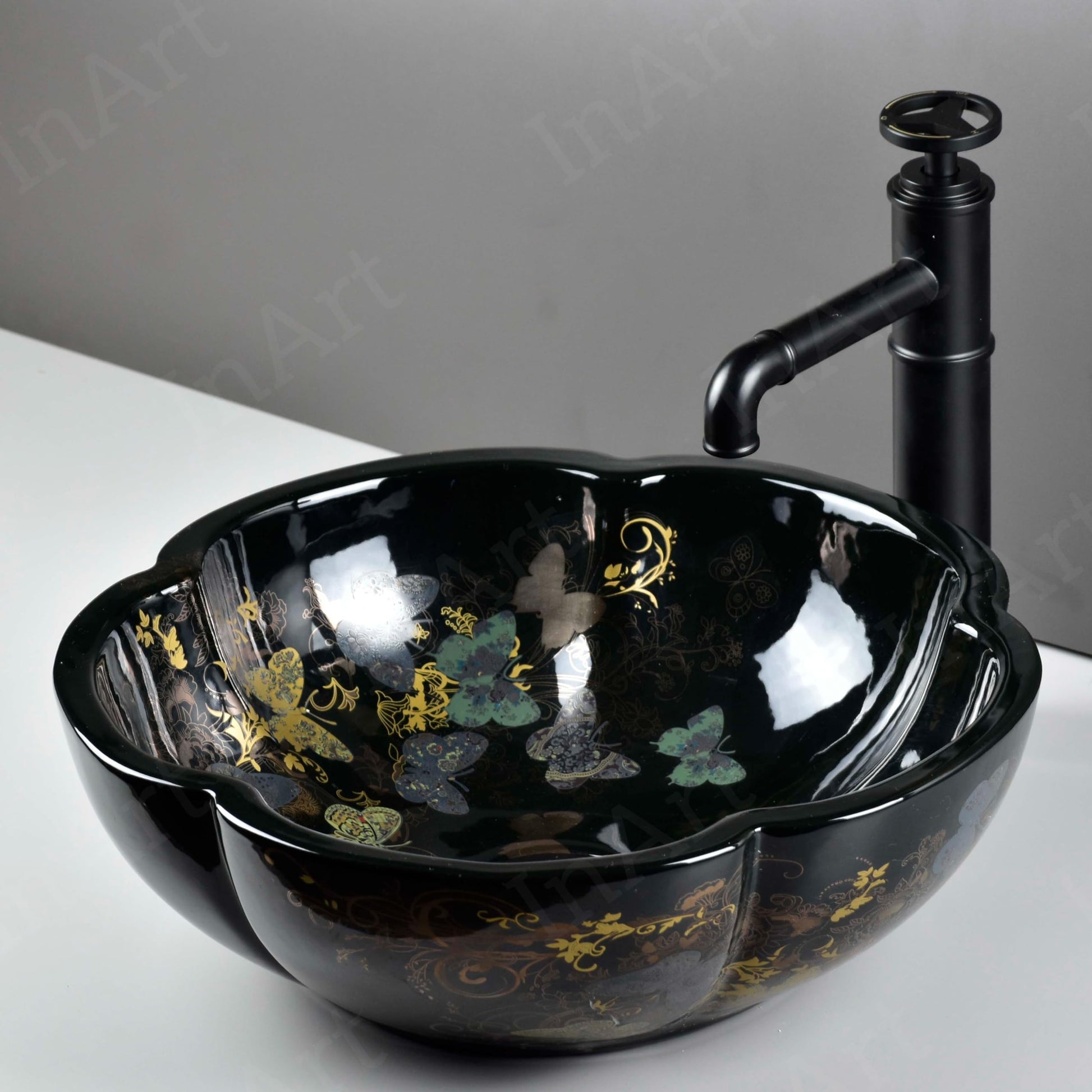 InArt vessel sink on vanity side view, ceramic oval bowl sink for the bathroom with glossy patterned finish