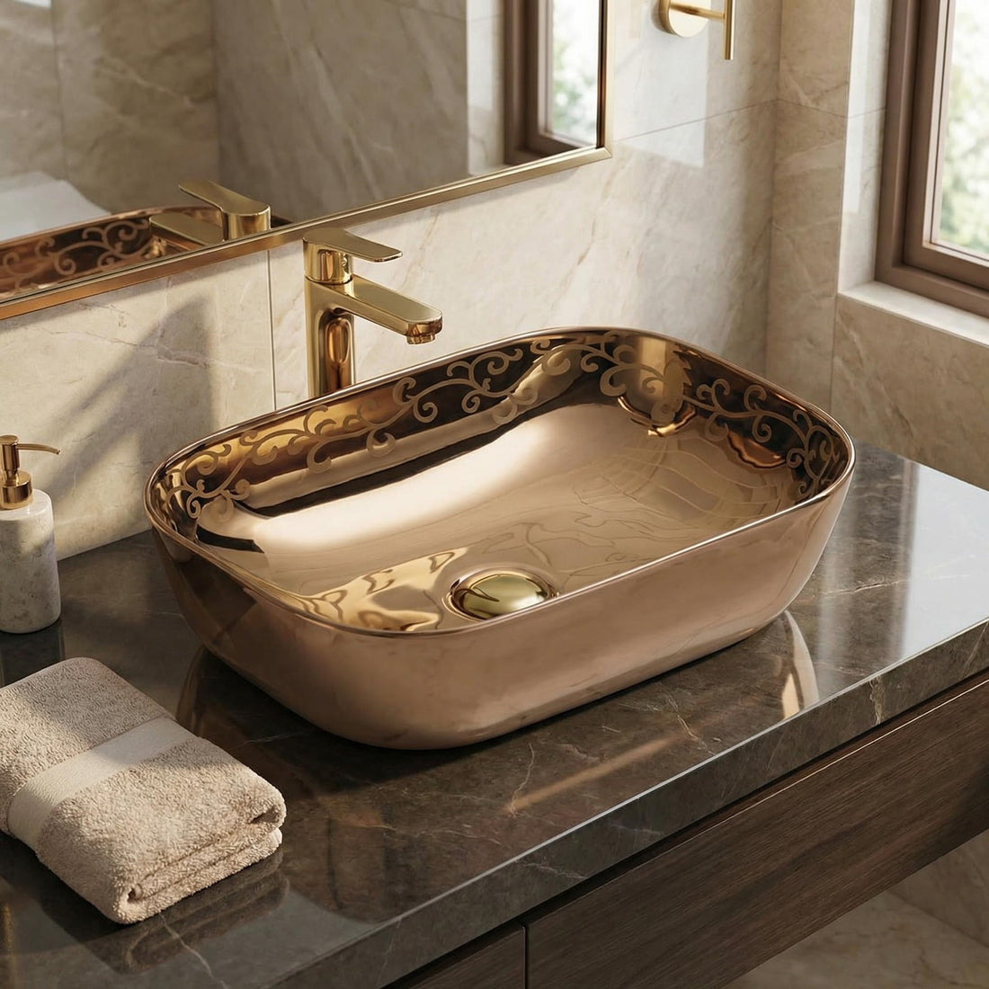 Ceramic vessel sink InArt Inart Wash Basin rose gold rectangular tabletop bathroom sink