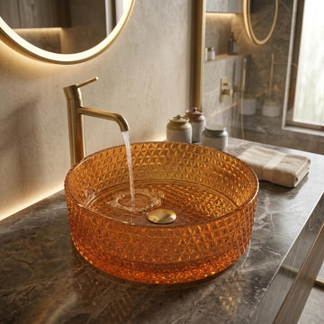 InArt Amber Orange Glass Vessel Sink for Countertop Bathroom Vanities, 15.6 Inch