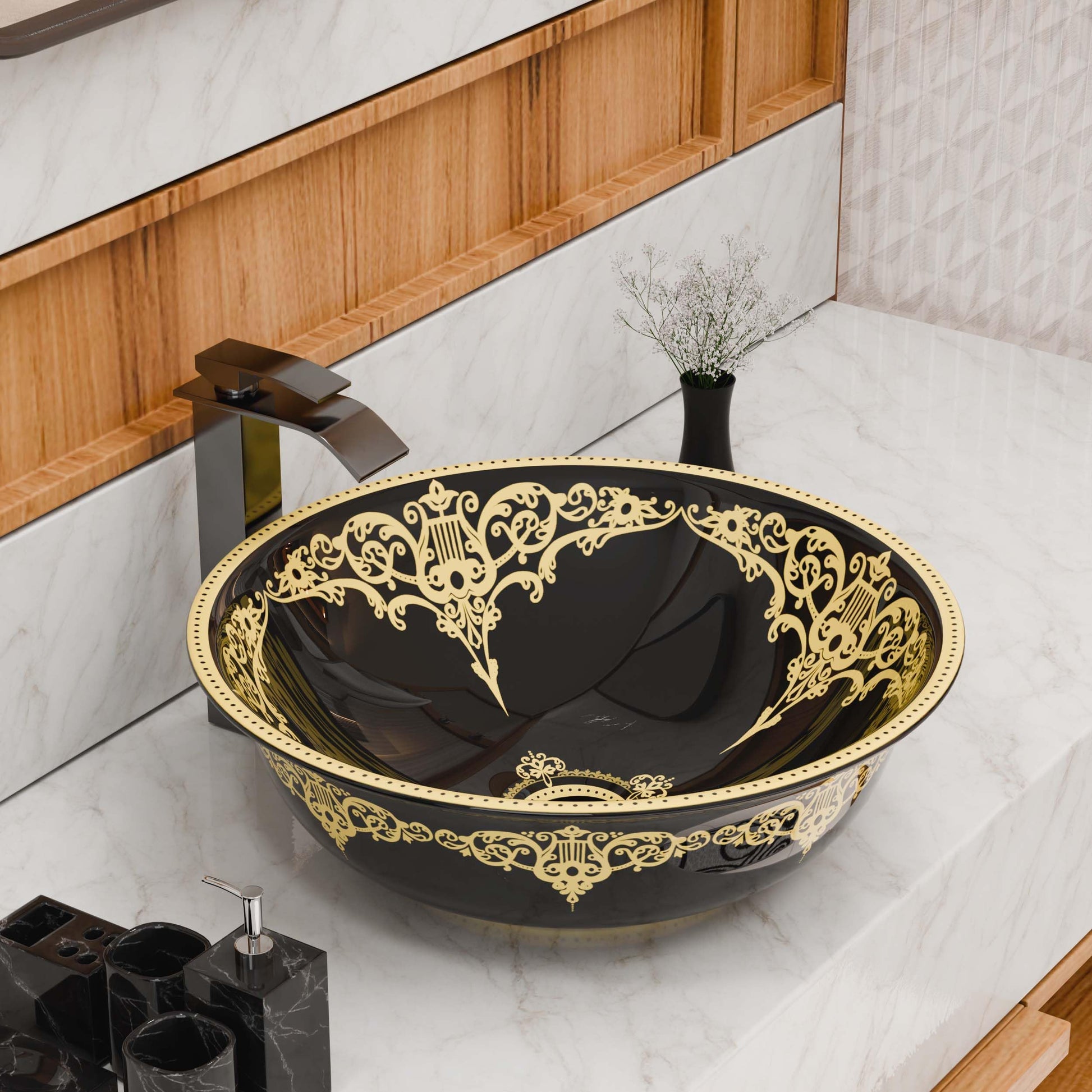 Bathroom sinks above counter - InArt ceramic Moroccan vessel sink round basin, black gold finish