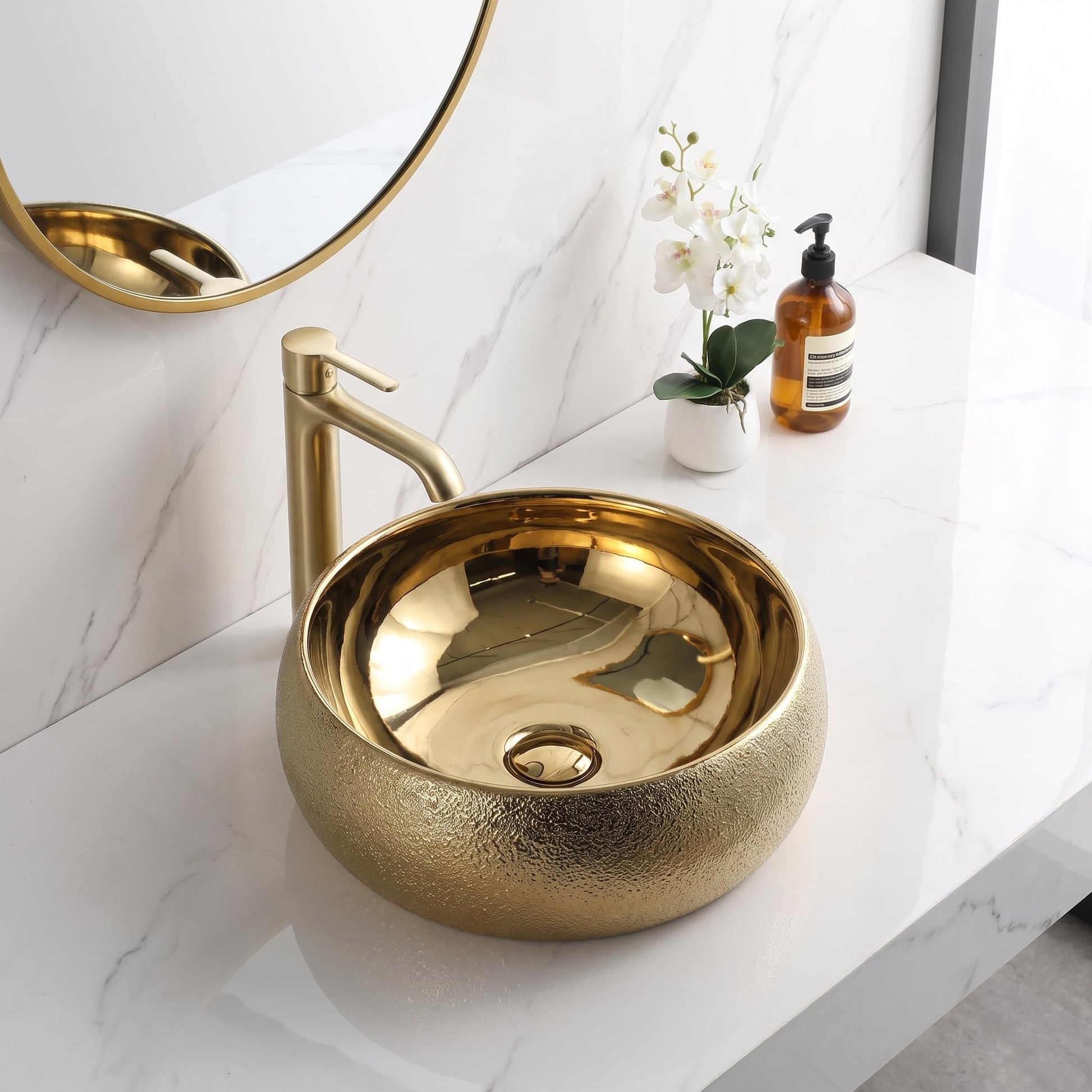 InArt Round Bathroom Ceramic Vessel Sink Art Basin in Gold Color