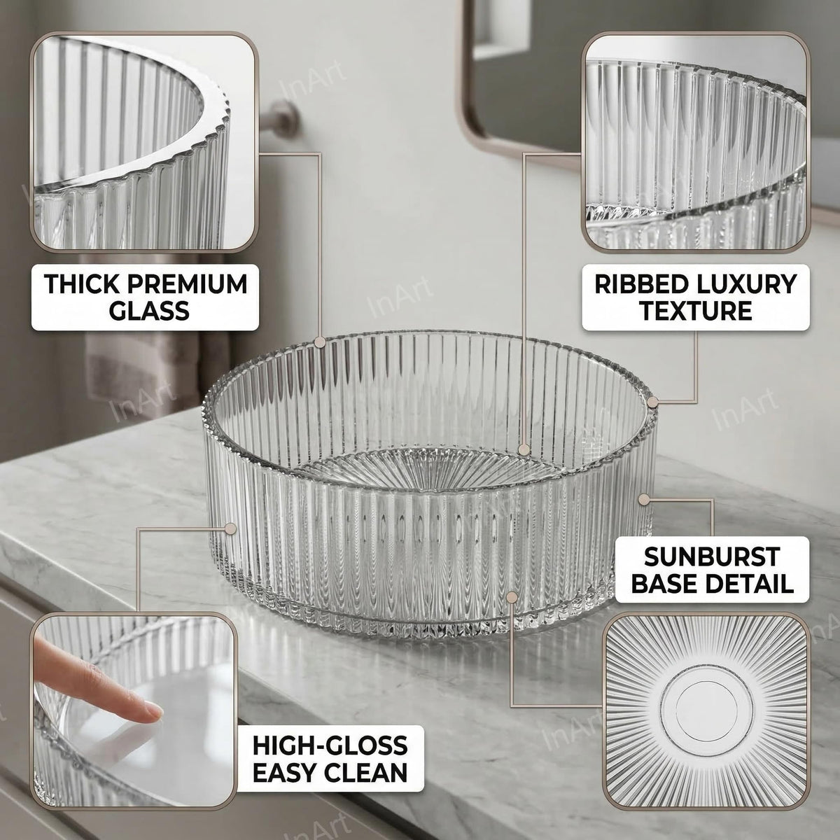 InArt Crystal Clear Round Glass Vessel Sink, Ribbed Design, 15.6 Inch Above-Counter Bathroom Basin, additional product view 3