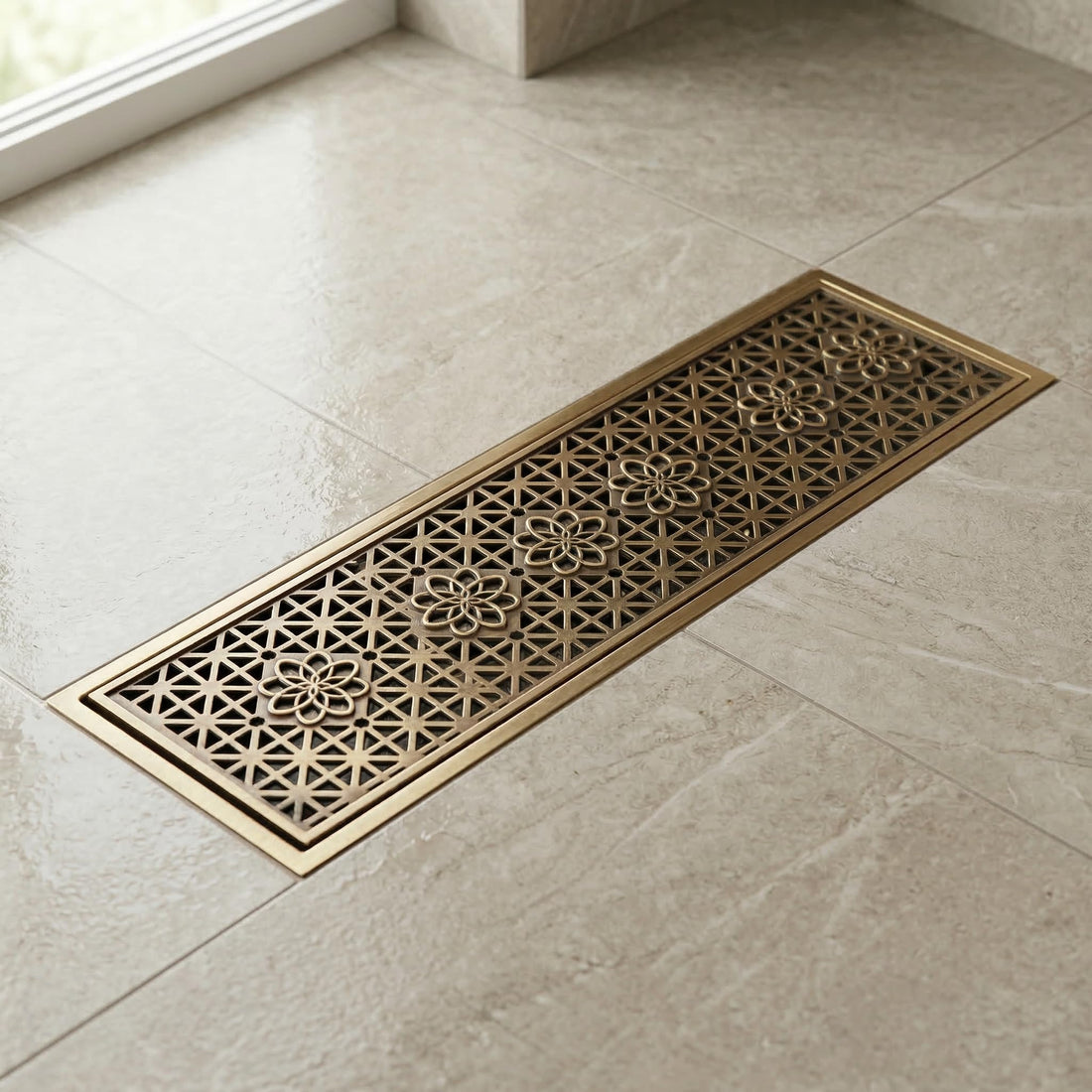 InArt 12 x 4 Inch Square Brass Shower Drain with Removable Strainer Grate