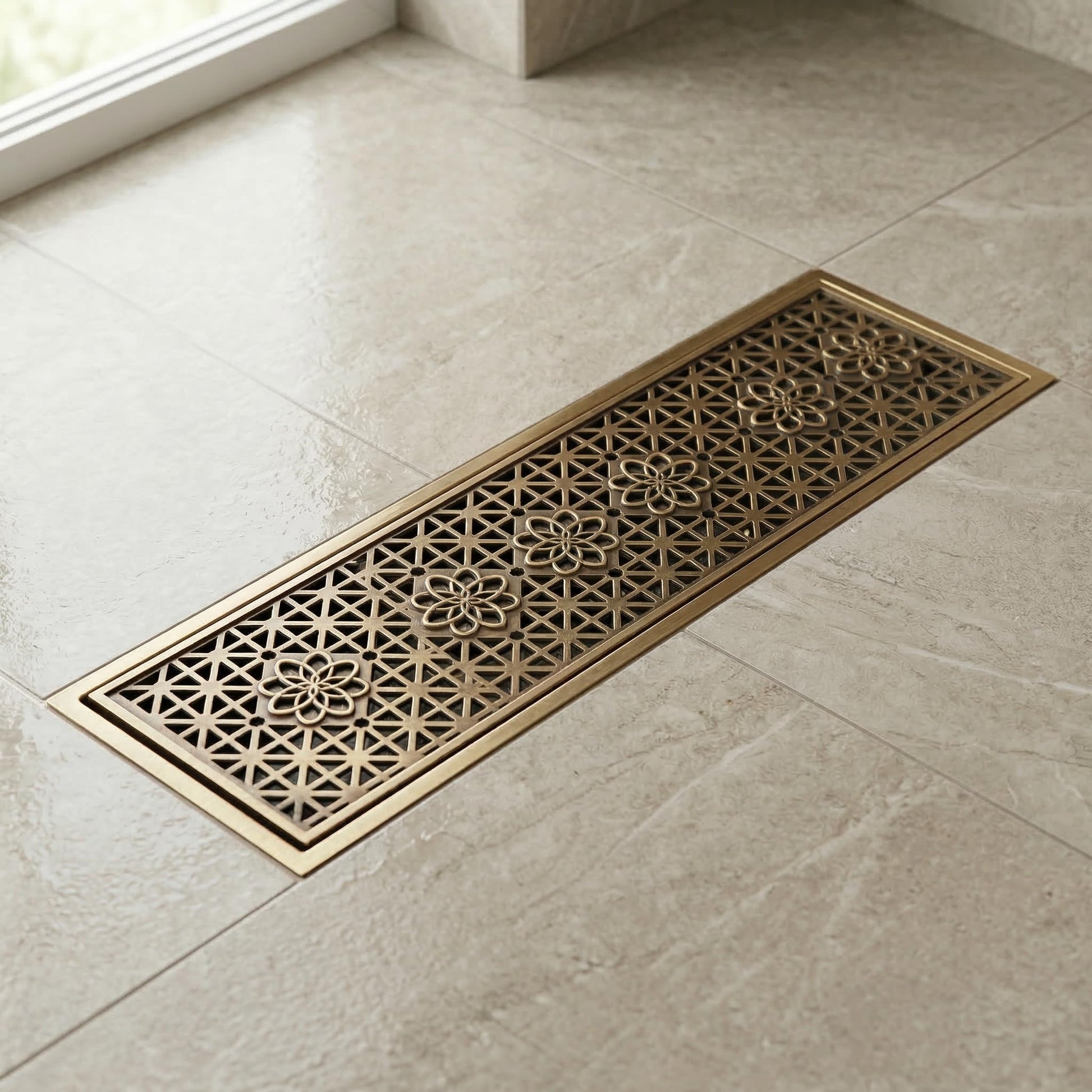 InArt 12 x 4 Inch Square Brass Shower Drain with Removable Strainer Grate