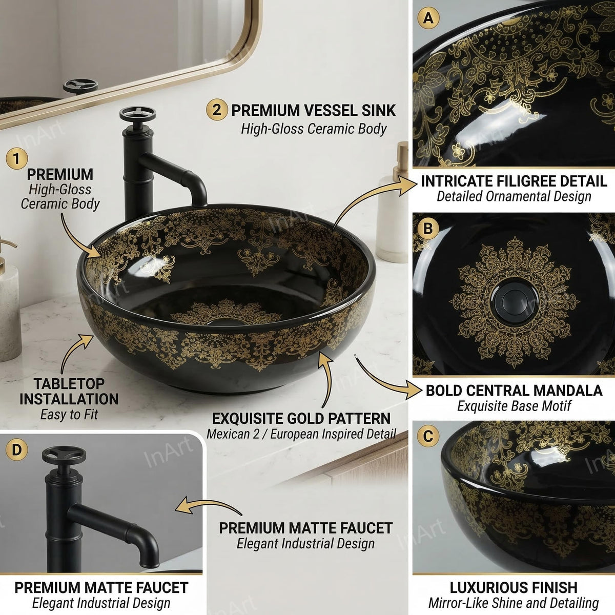 InArt Glossy Black Ceramic Round Vessel Sink – Above Counter, 16" Gold Pattern, additional product view 3