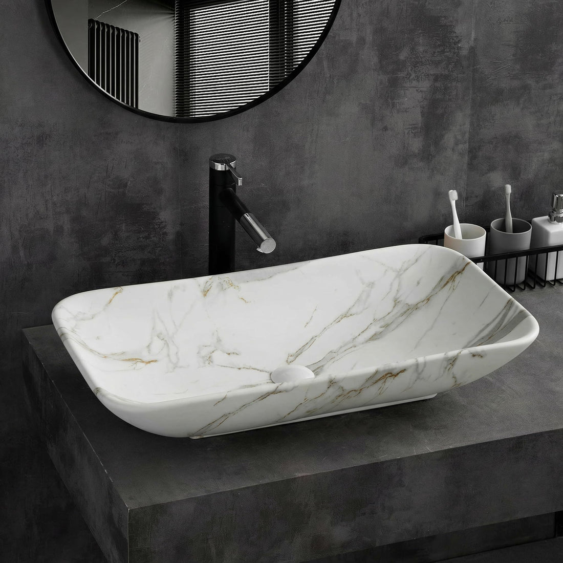 InArt Rectangle Bathroom Ceramic Vessel Sink Art Basin in White Marble Color