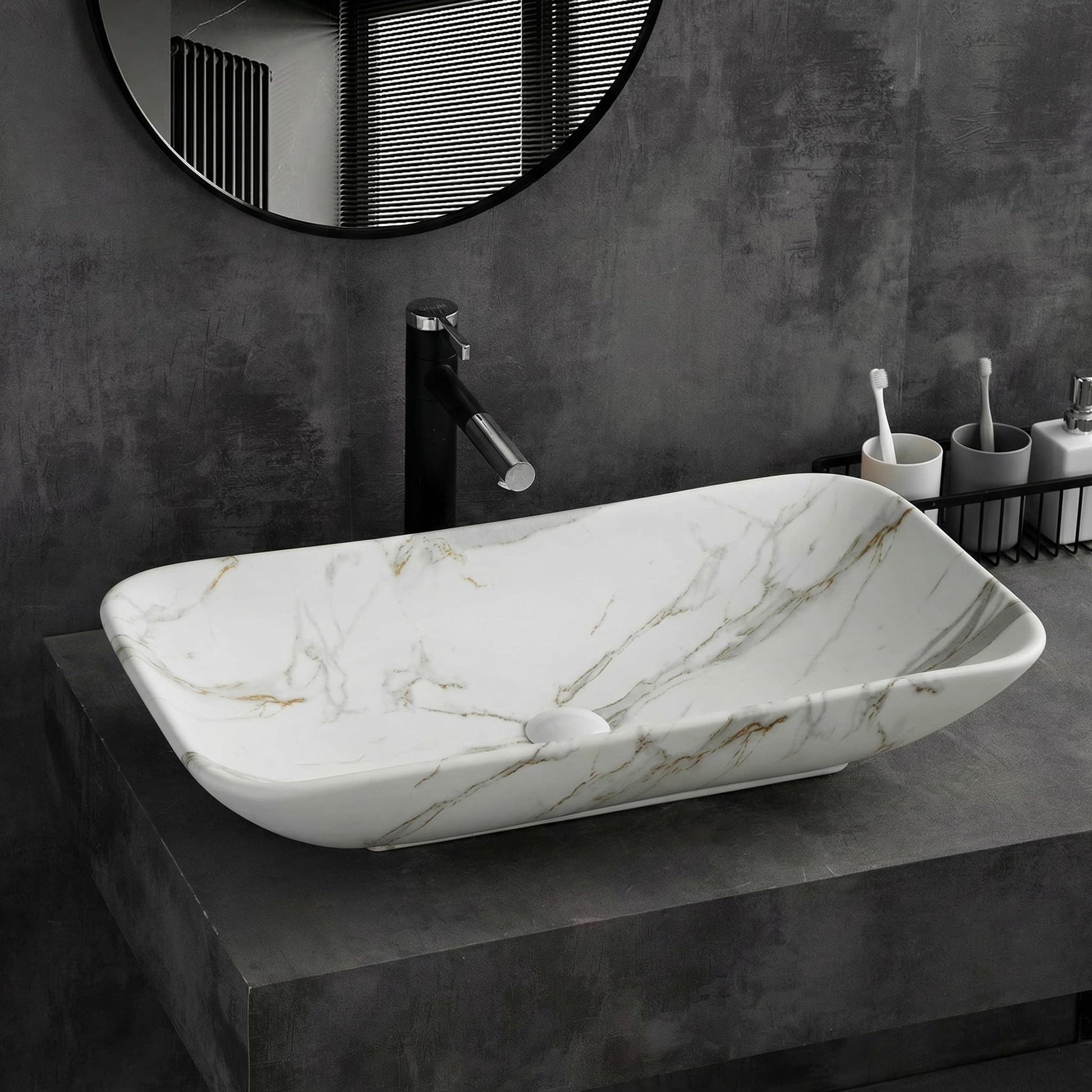 InArt Rectangle Bathroom Ceramic Vessel Sink Art Basin in White Marble Color