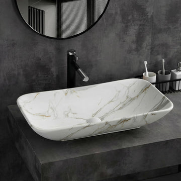 InArt Rectangle Bathroom Ceramic Vessel Sink Art Basin in White Marble Color