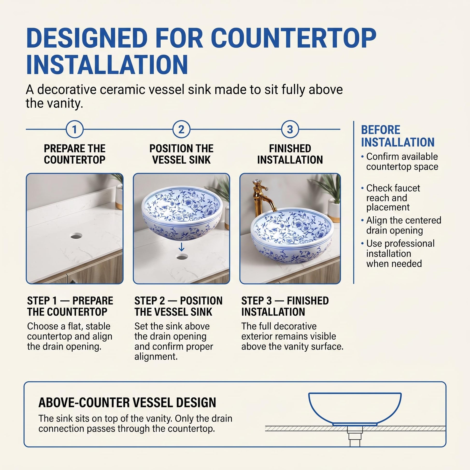 Blue and White Round Porcelain Ceramic vessel bathroom sink, additional product view 4