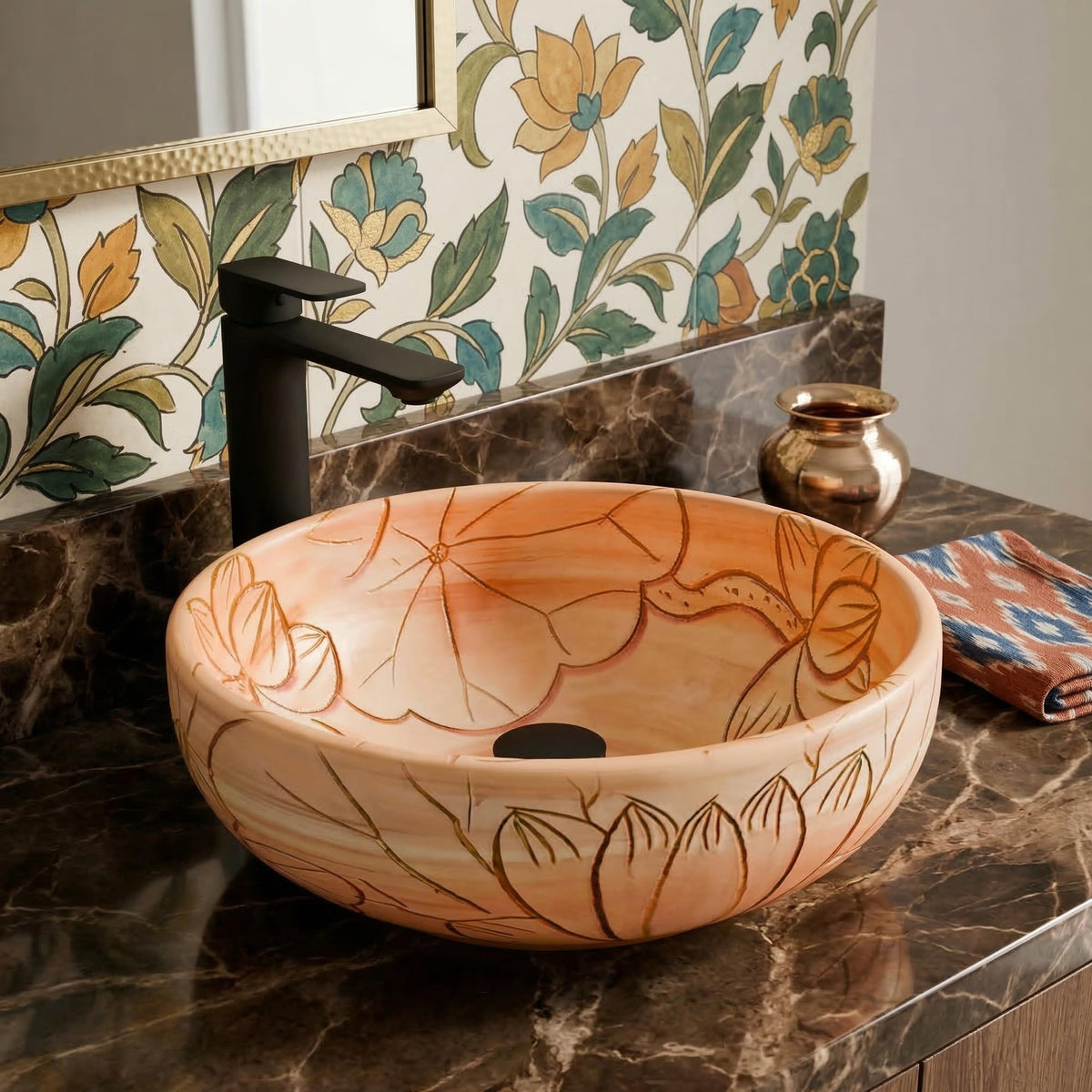 InArt Vessel Sinks for Bathroom – 15.75" Ceramic Round, Peach Beige Floral Line Art, additional product view 4