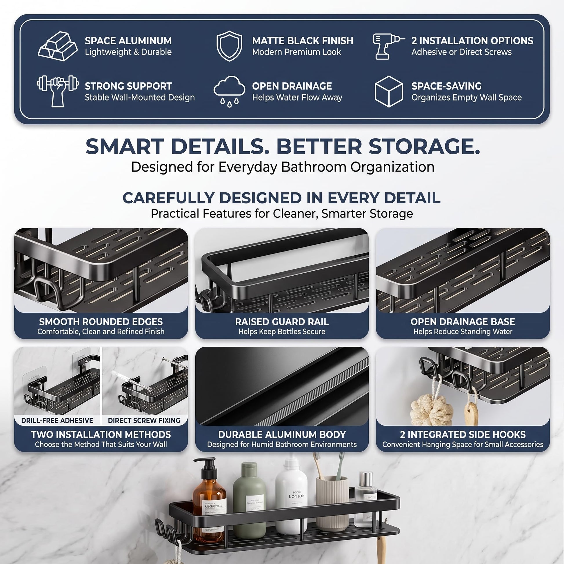 Adhesive installation for the bathroom shelves with hooks