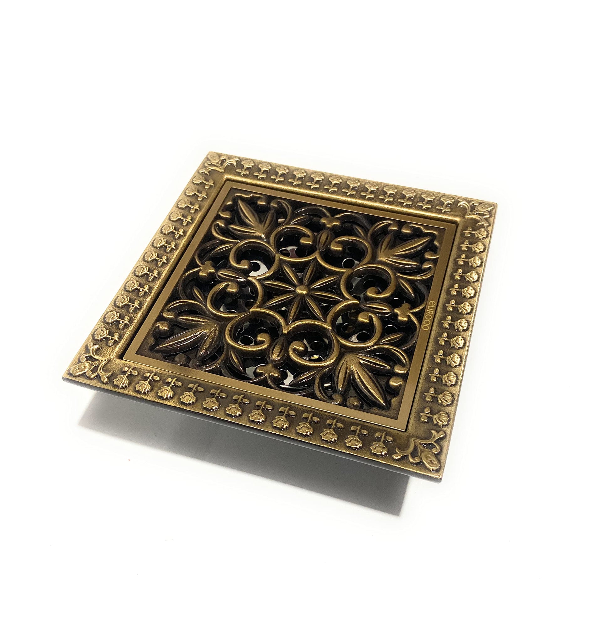 Square shower drain cover, solid brass with antique brass finish, 4 inch outlet top view