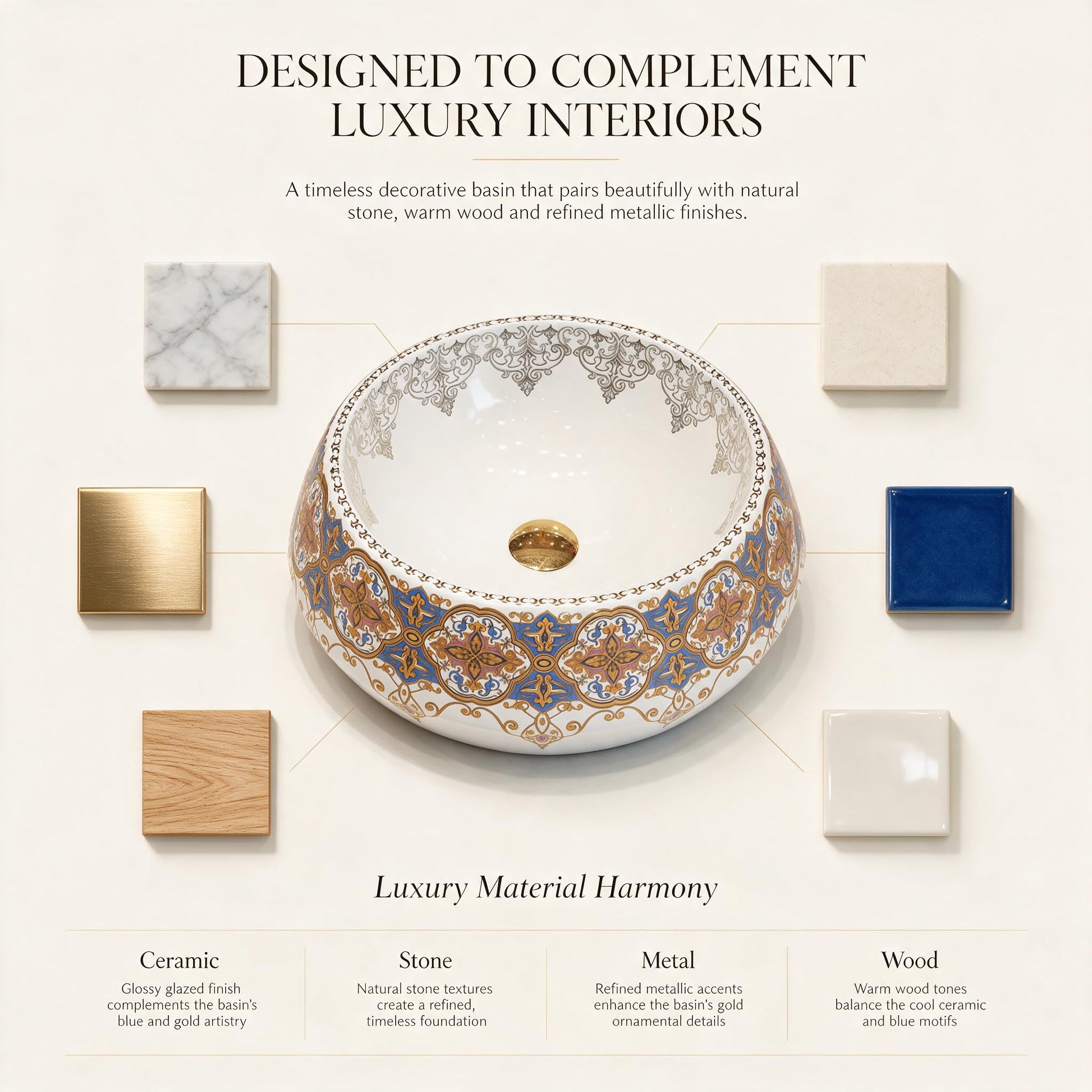 White, Royal Blue and Gold Round Ceramic vessel bathroom sink, additional product view 4