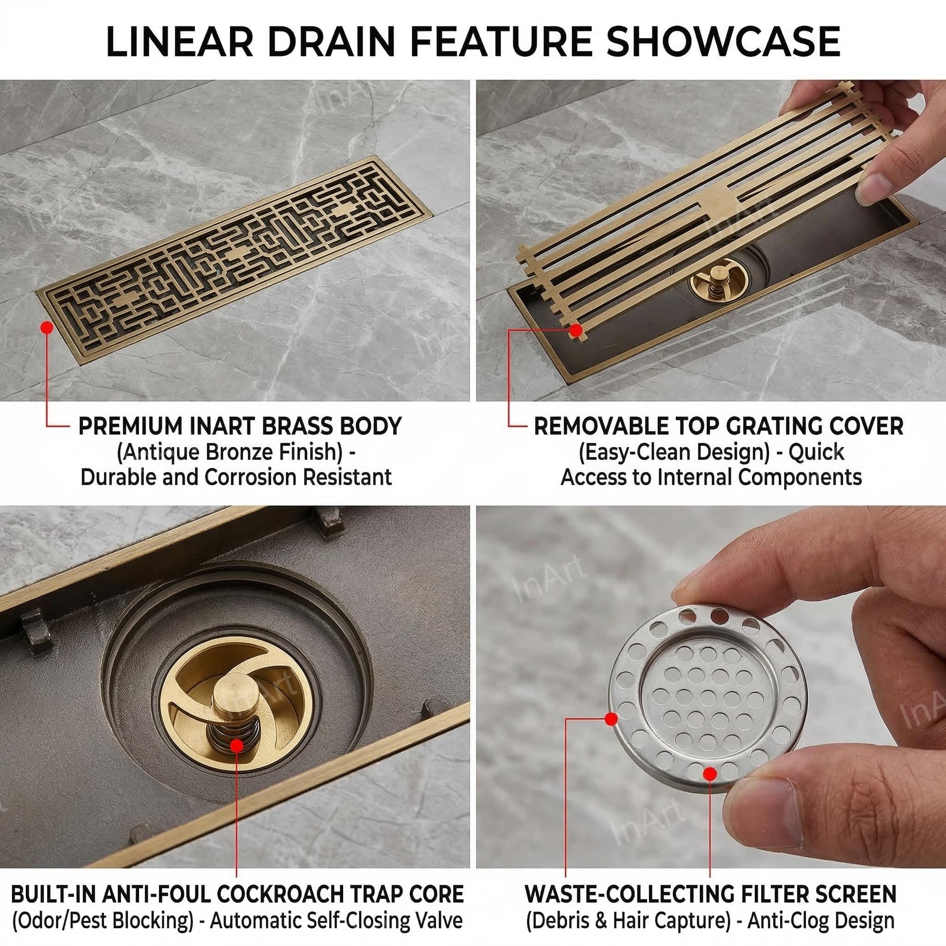 InArt Antique Brass Brass Shower Grate Drain – Self-Closing Trap Core, 12" Linear, additional product view 3