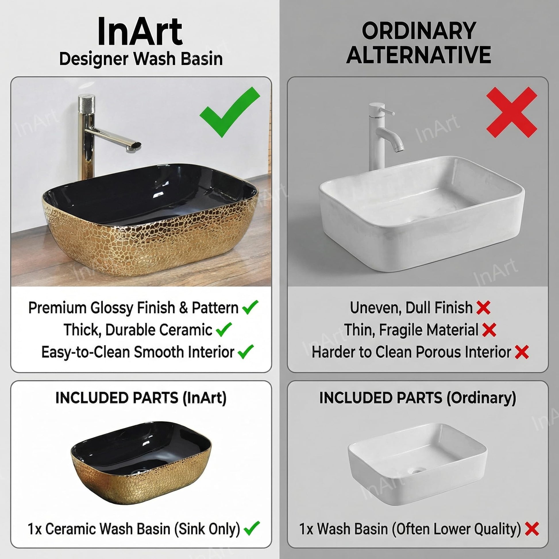 Bath vessel sink top view highlighting leather texture, InArt rectangular ceramic above counter sink black gold