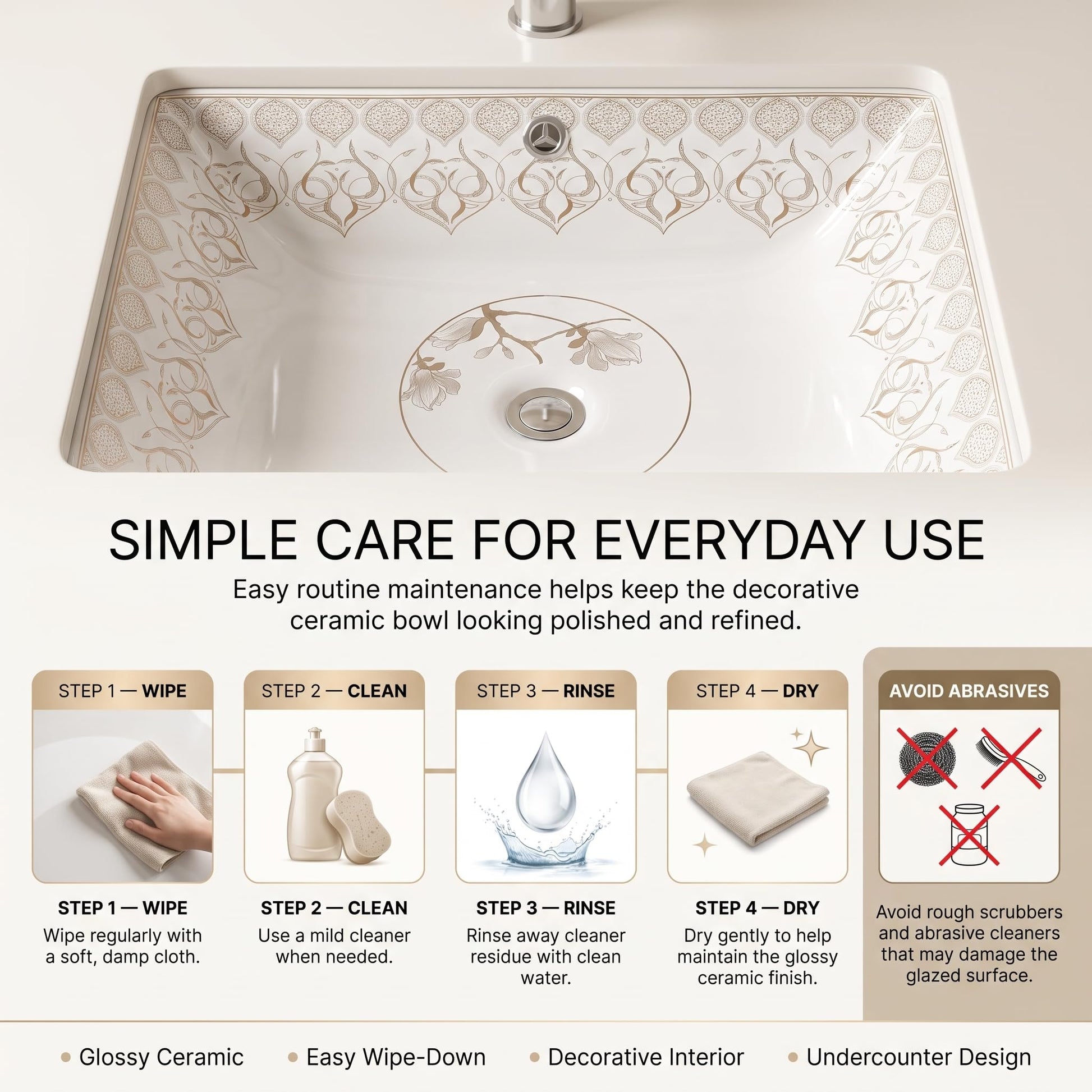 White and Gold Rectangular Ceramic undermount bathroom sink, additional product view 4
