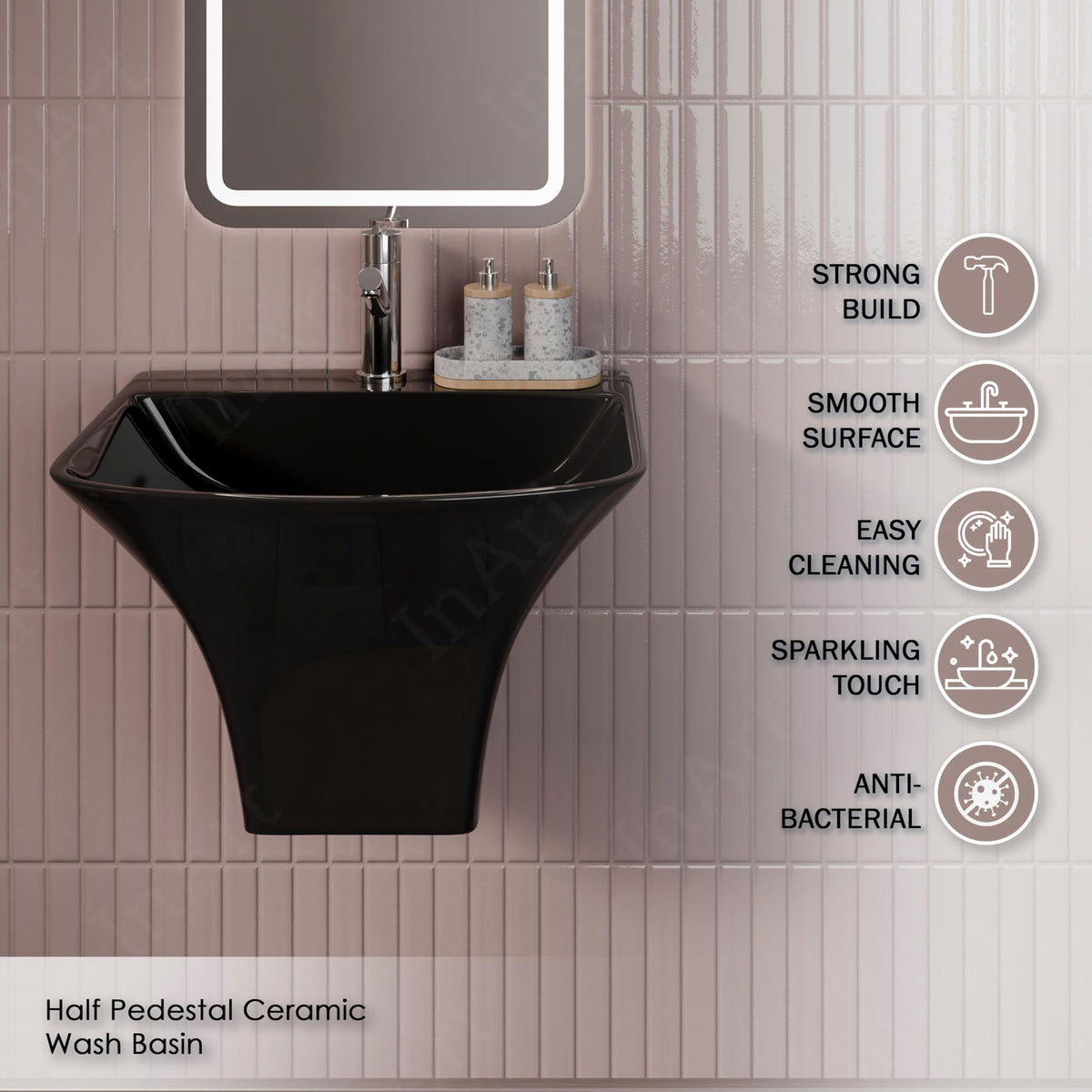 InArt Black Wall-Mounted Ceramic Bathroom Sink with Half Pedestal, 19 x 17 Inch, additional product view 4
