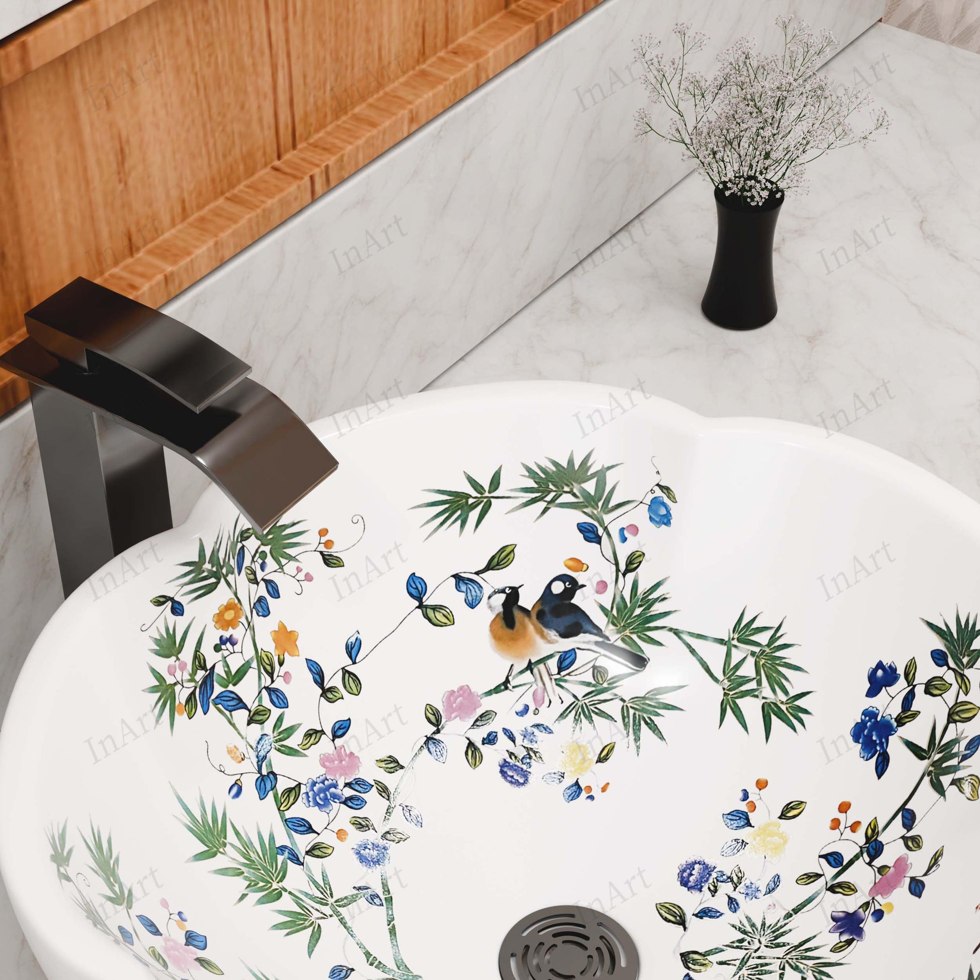 Bowl sinks for the bathroom side view, round ceramic vessel sink in glossy white with floral design