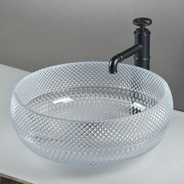Glass basin sink InArt modular clear square tempered glass vessel wash basin, 42x42 cm tabletop vanity (Clear 2)