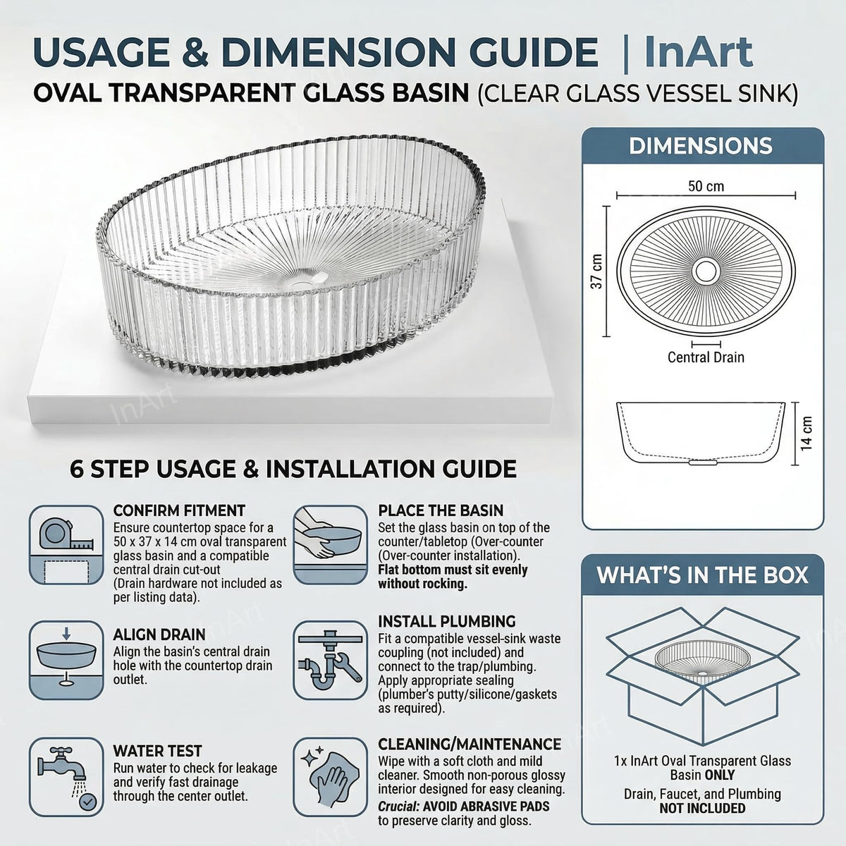 InArt Crystal Clear Oval Glass Vessel Sink, Fluted Ribbed Design, 19.7 x 14.6 Inch Bathroom Basin, additional product view 6