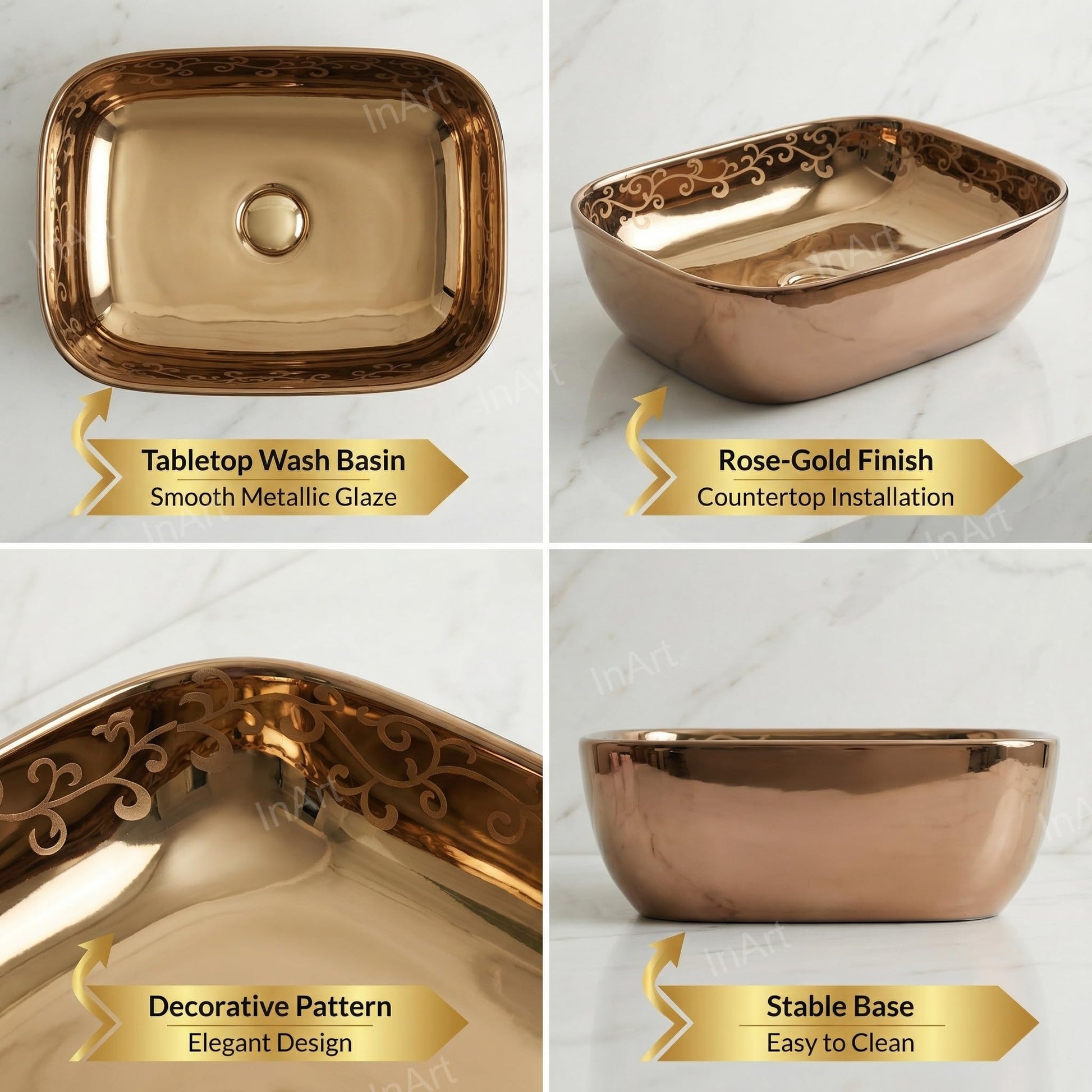 Bathroom sinks above counter side view, InArt rectangular ceramic wash basin in rose gold finish